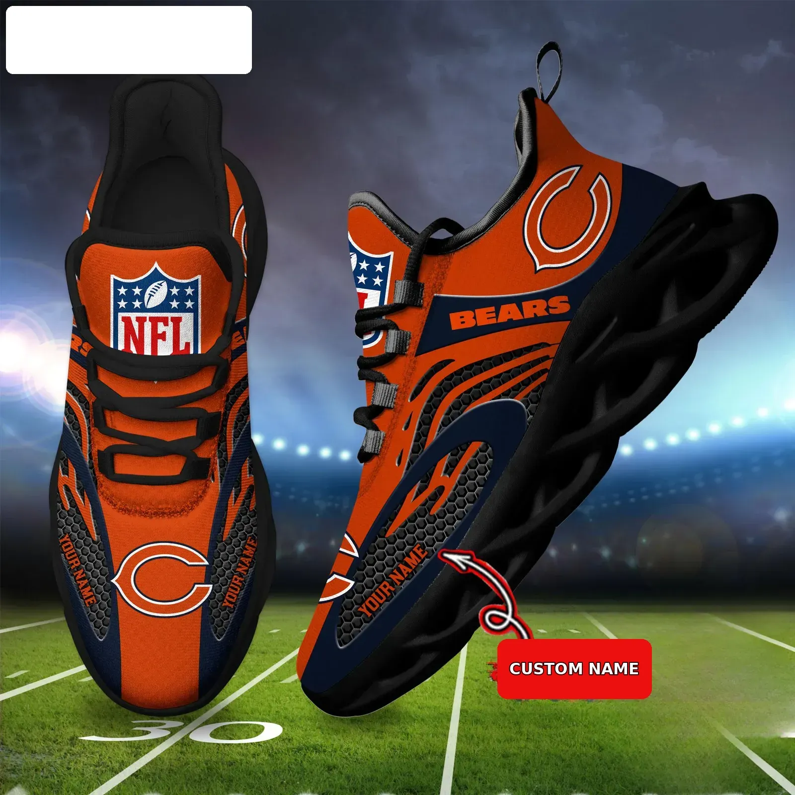 NFL Chicago Bears Custom Name Max Soul Shoes, Personalized Orange Navy Football Sneakers, Windy City Fan Running Gift for Game Day
