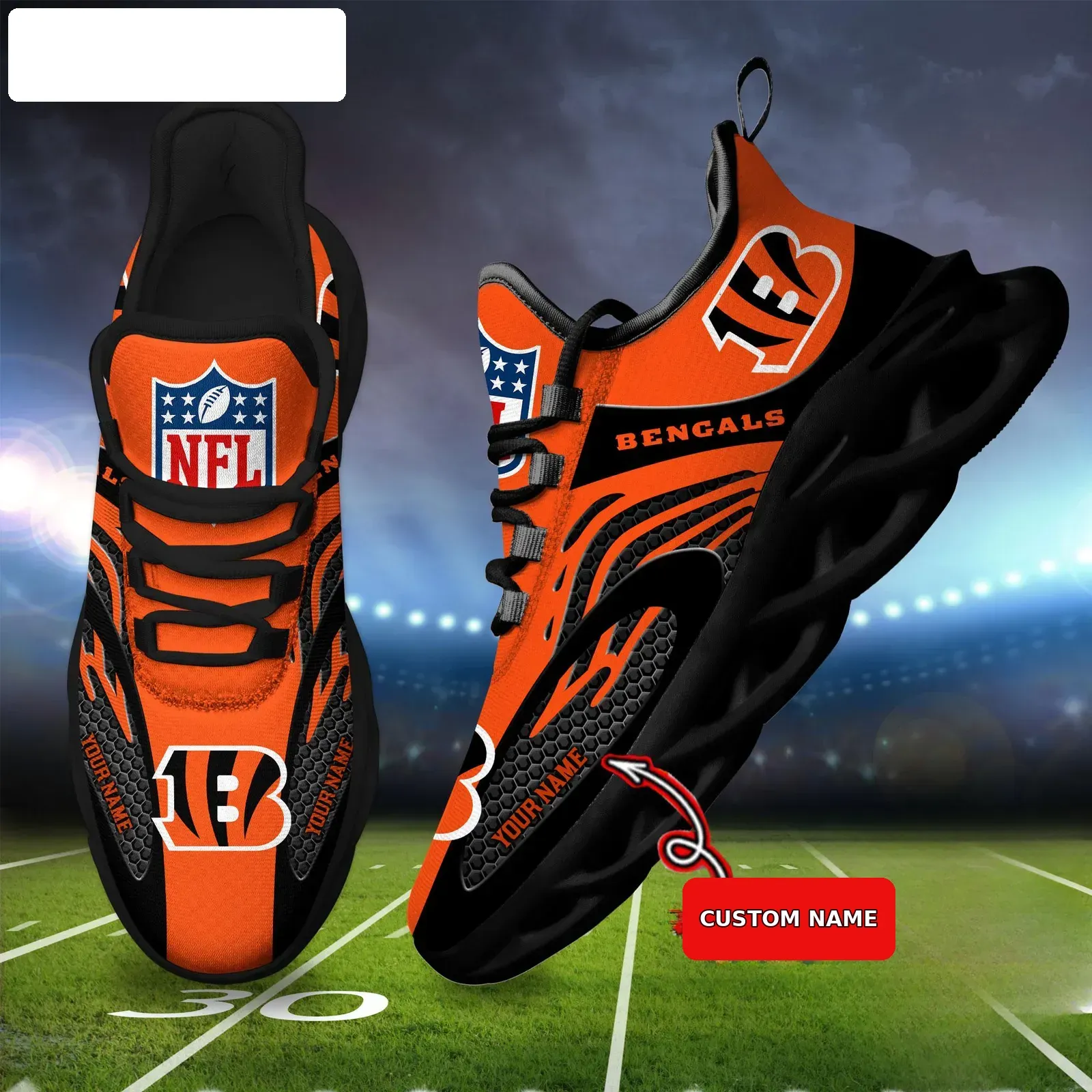 NFL Cincinnati Bengals Custom Name Max Soul Shoes, Personalized Orange Black Striped Football Sneakers, Who Dey Running Gift for Fans