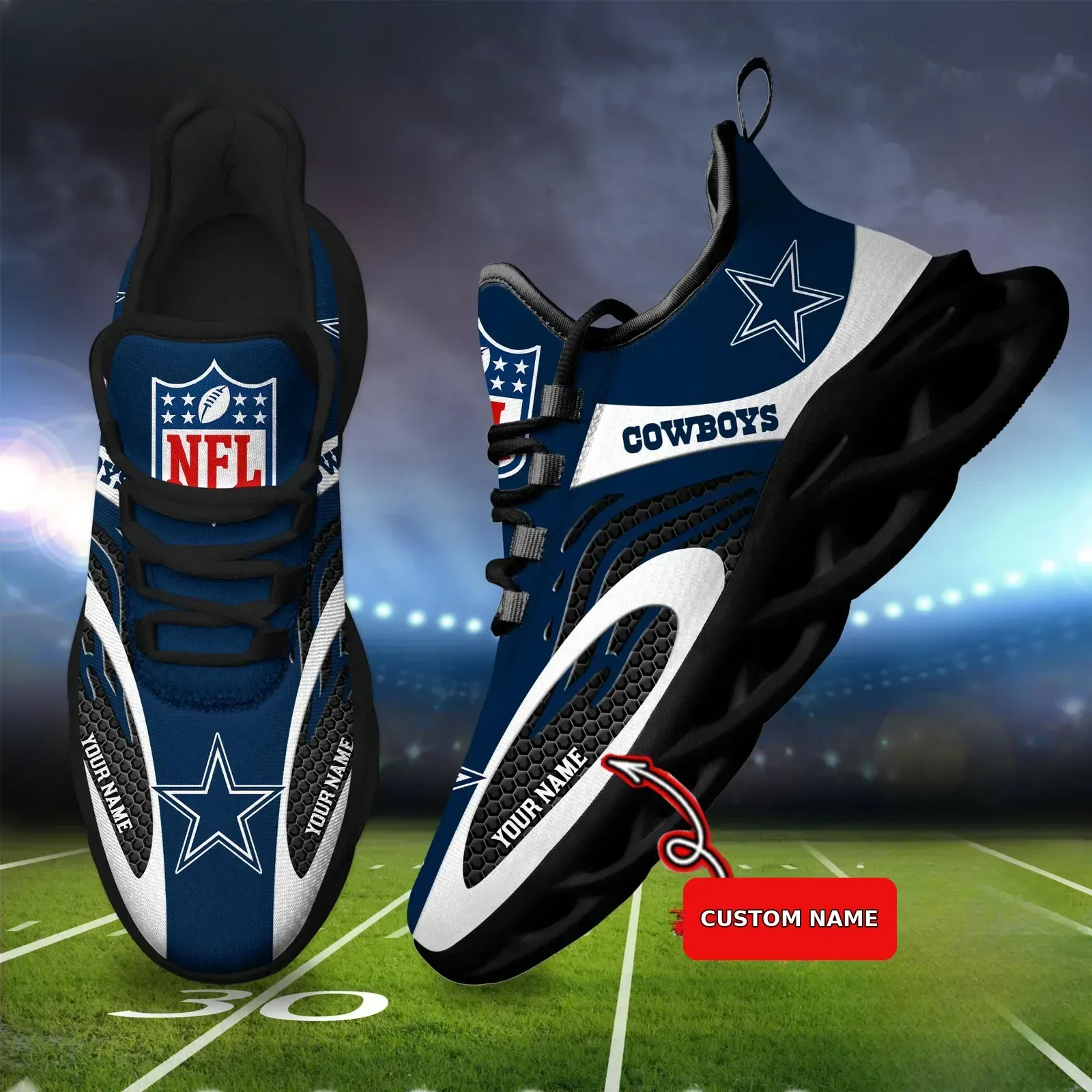 NFL Dallas Cowboys Football Team Logo Max Soul Shoes with Custom Name, Personalized Game Day Sneakers, Navy Star Fan Gift for Men Women