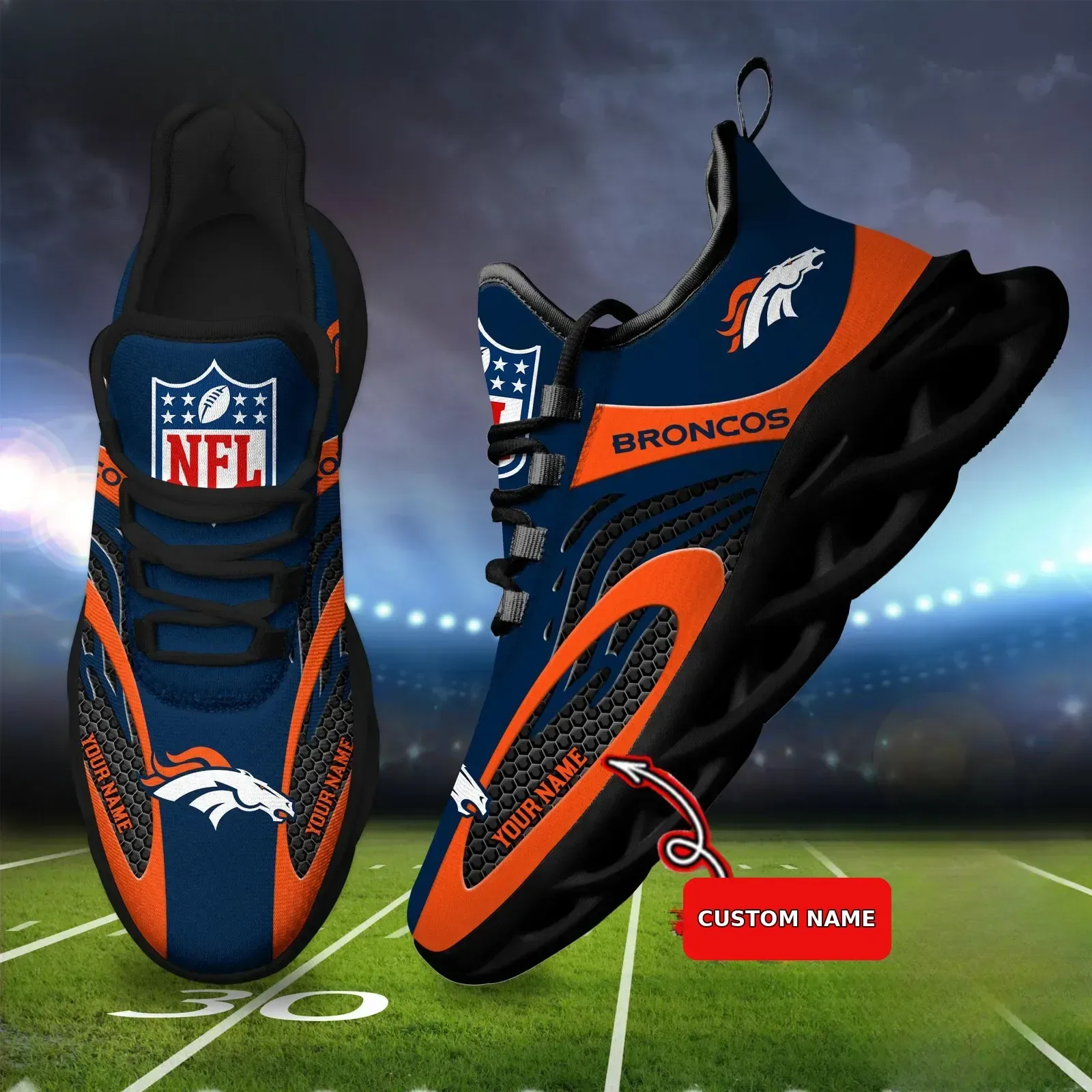 NFL Denver Broncos Team Logo Custom Name Max Soul Shoes, Personalized Navy and Orange Football Sneakers, Broncos Fan Running Shoes
