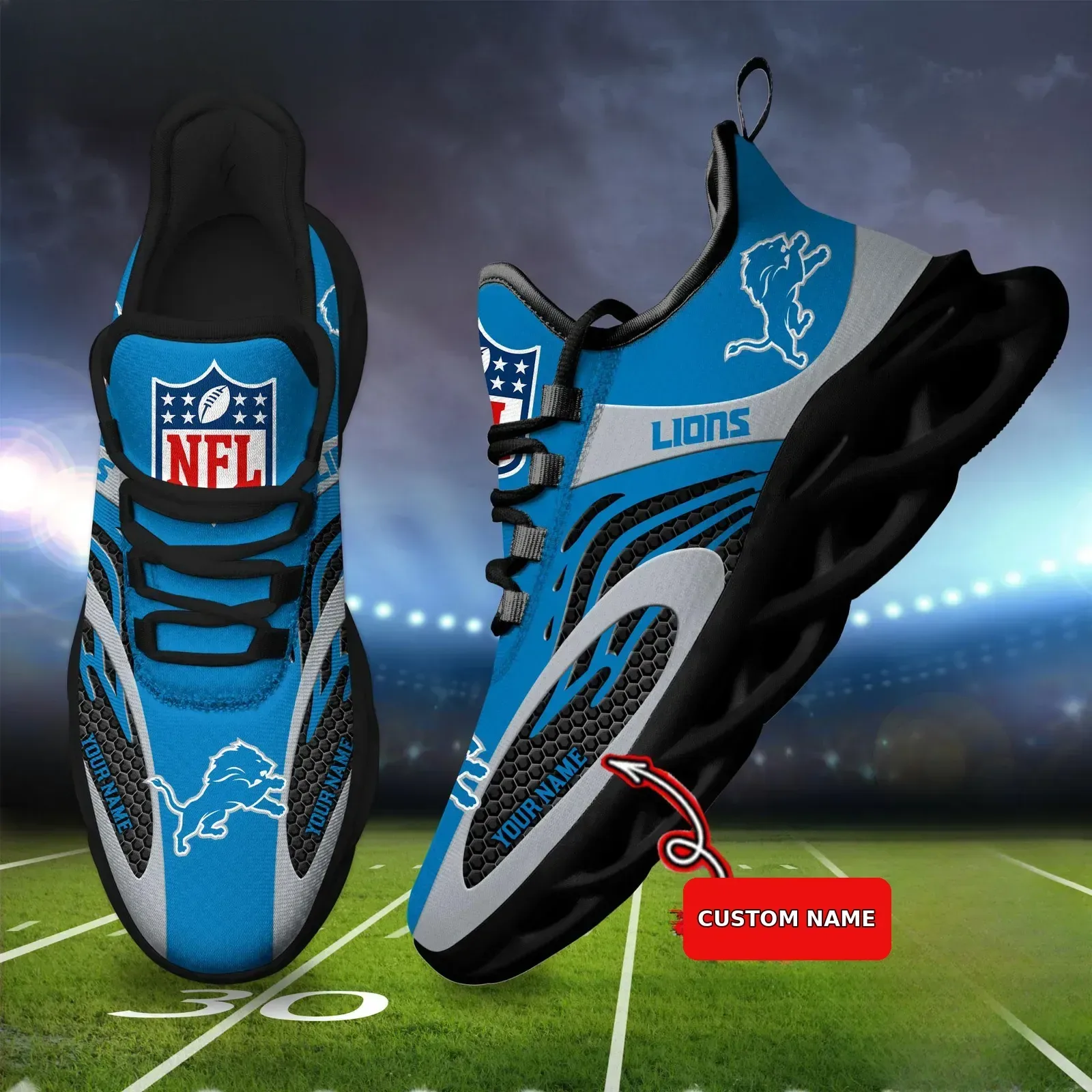 NFL Detroit Lions Football Logo Team Max Soul Shoes, Custom Name Sneakers in Honolulu Blue and Silver, Personalized Game Day Gift