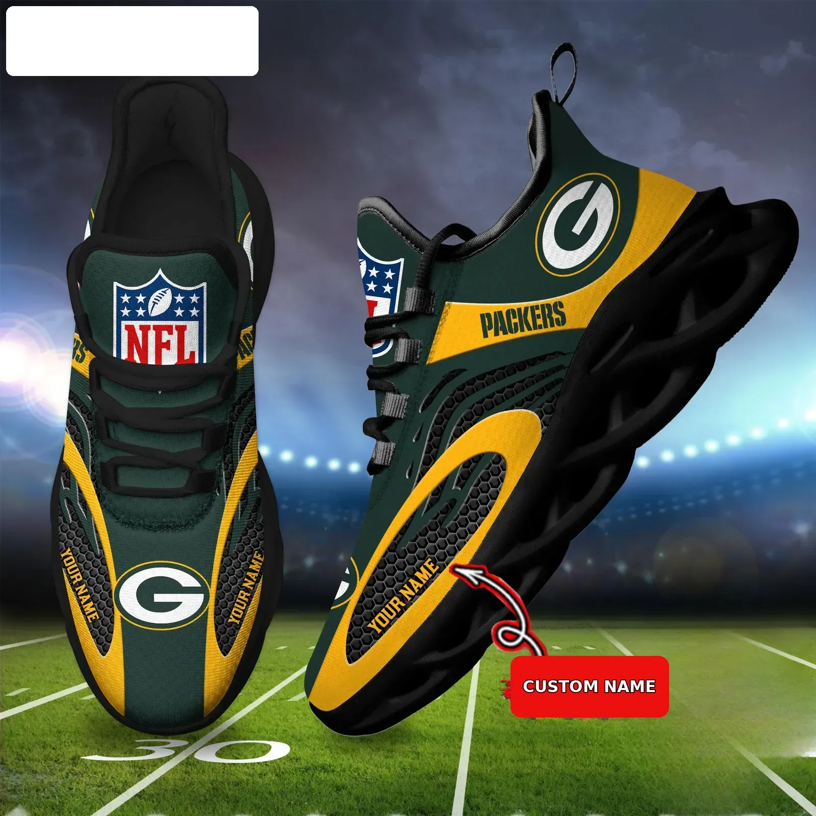 NFL Green Bay Packers Custom Name Max Soul Shoes, Personalized Football Sneakers in Team Colors, Cheesehead Running Gift for Game Day