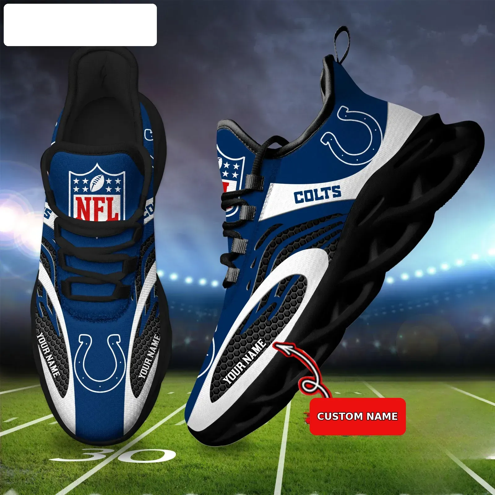 NFL Indianapolis Colts Custom Name Max Soul Shoes, Personalized Blue White Horseshoe Football Sneakers, Running Gift for Indy Fans