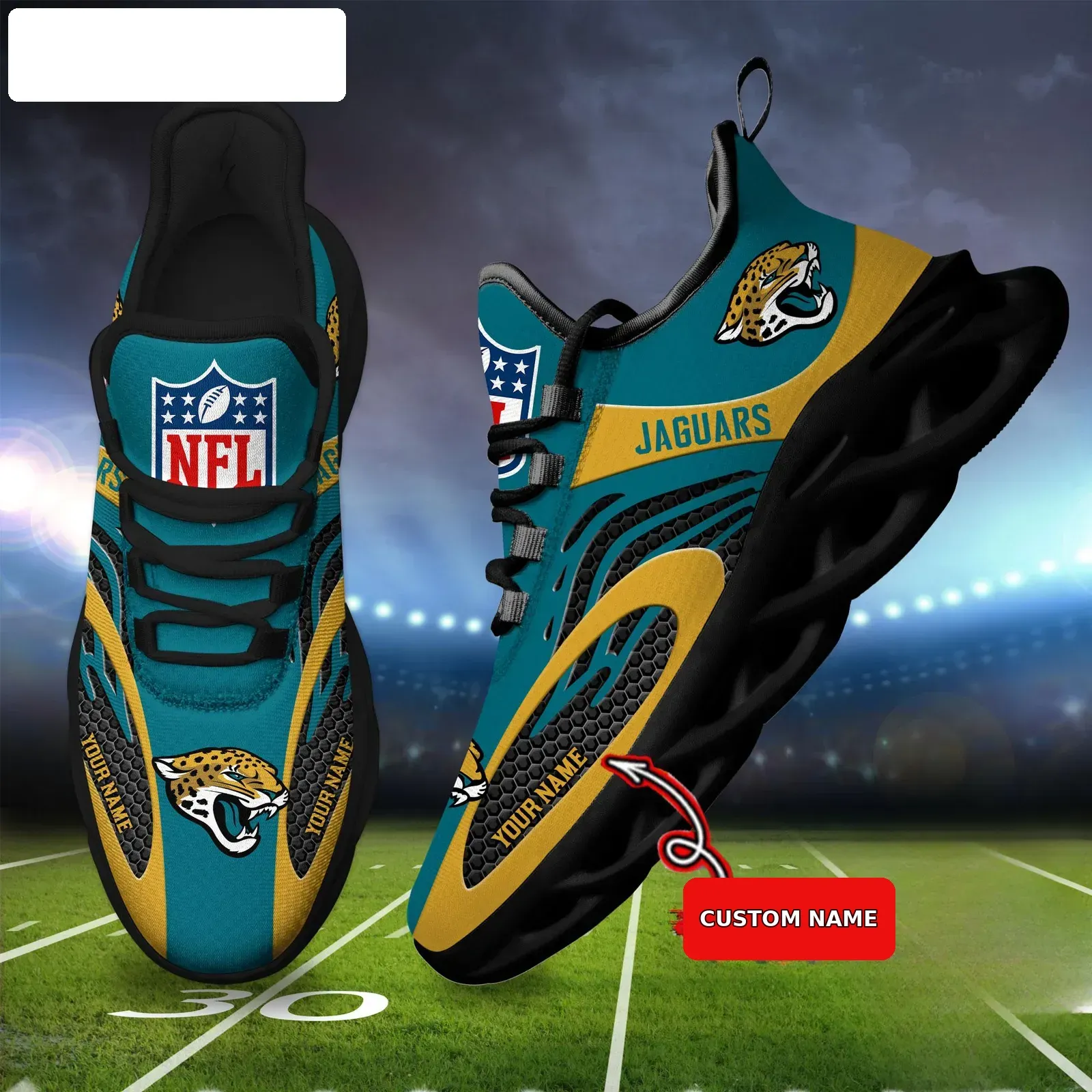 NFL Jacksonville Jaguars Custom Name Max Soul Shoes, Personalized Teal Gold Football Sneakers, Duval Fan Running Gift for Game Day