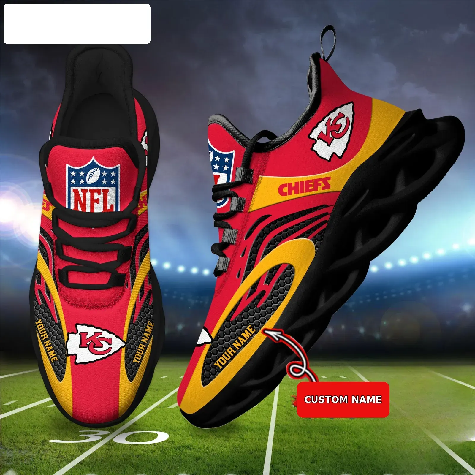 NFL Kansas City Chiefs Custom Name Max Soul Shoes, Personalized Red Gold Football Sneakers, Game Day Running Gift for KC Fans