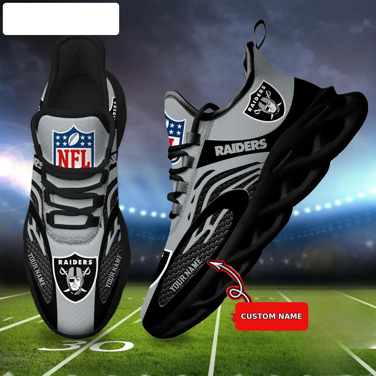 NFL Las Vegas Raiders Custom Name Max Soul Shoes, Personalized Silver Black Football Sneakers, Raider Nation Running Gift for Fans