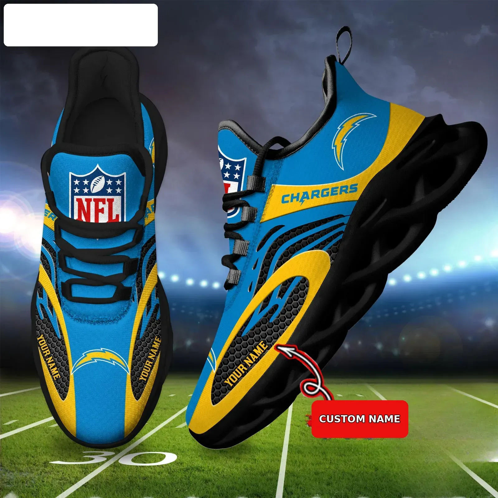 NFL Los Angeles Chargers Custom Name Max Soul Shoes, Personalized Powder Blue Bolt Football Sneakers, Game Day Gift for Fans