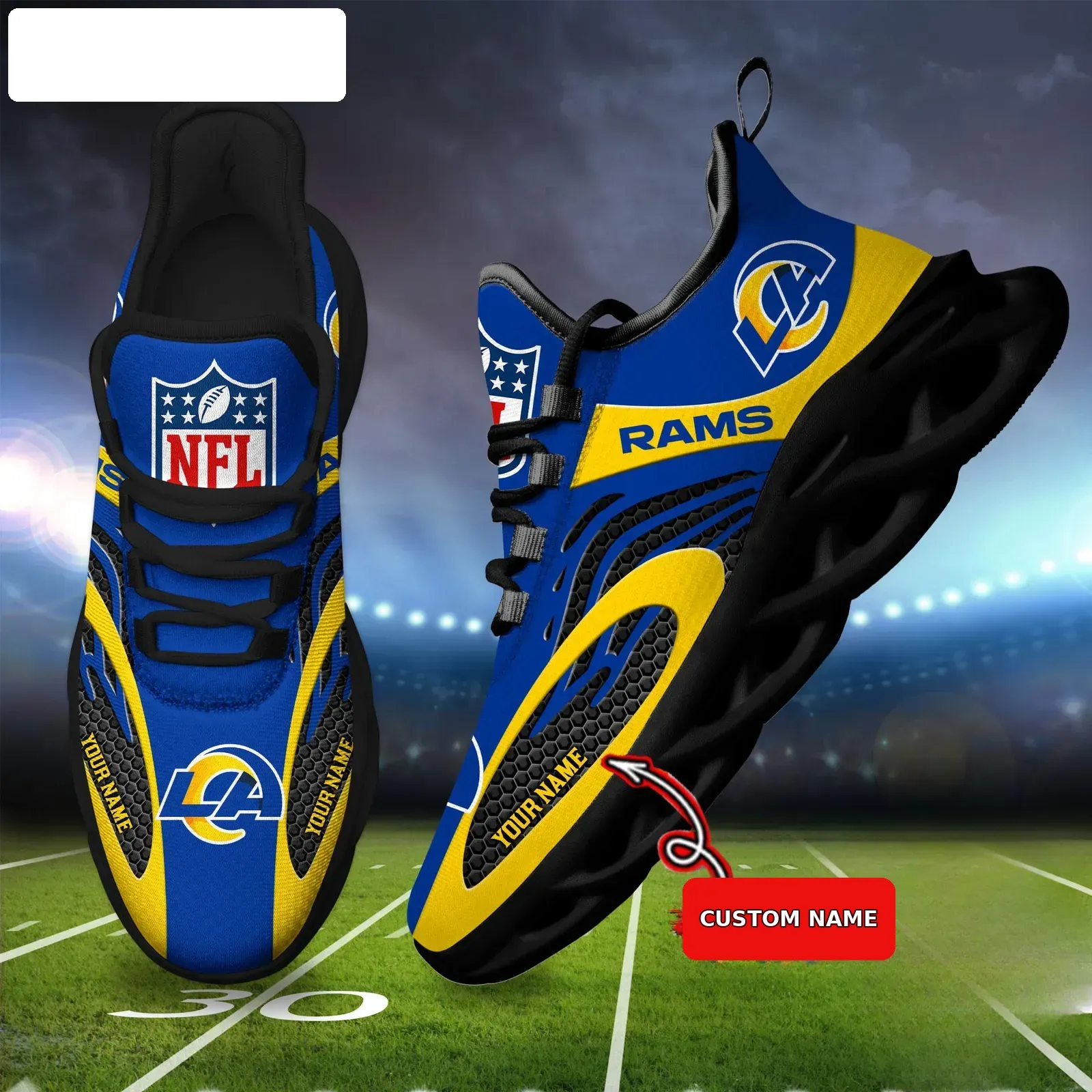 NFL Los Angeles Rams Custom Name Max Soul Shoes, Personalized Royal Blue Yellow Football Sneakers, LA Fan Running Gift for Game Day