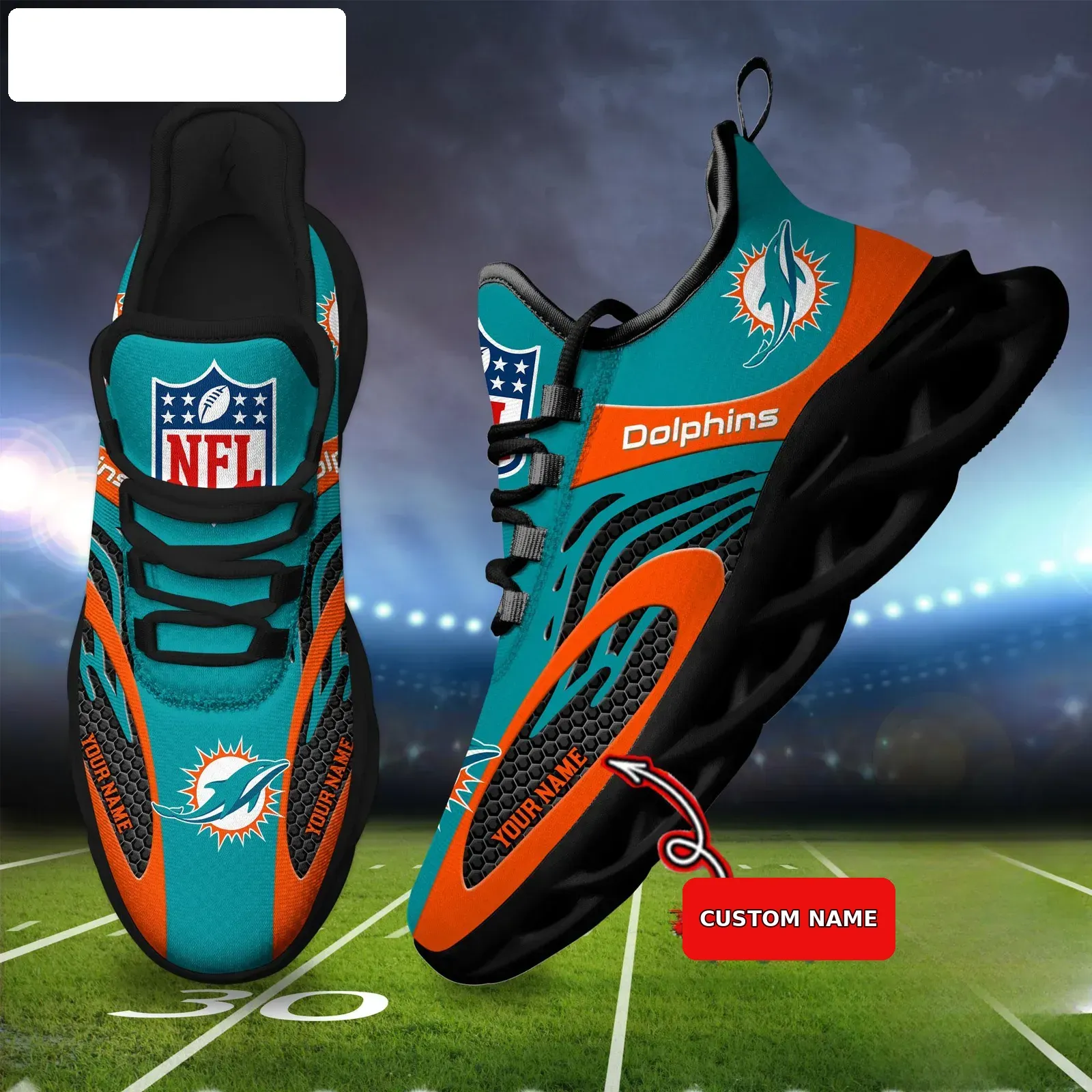 NFL Miami Dolphins Custom Name Max Soul Shoes, Personalized Aqua Orange Football Sneakers, Fins Up Running Gift for Men and Women