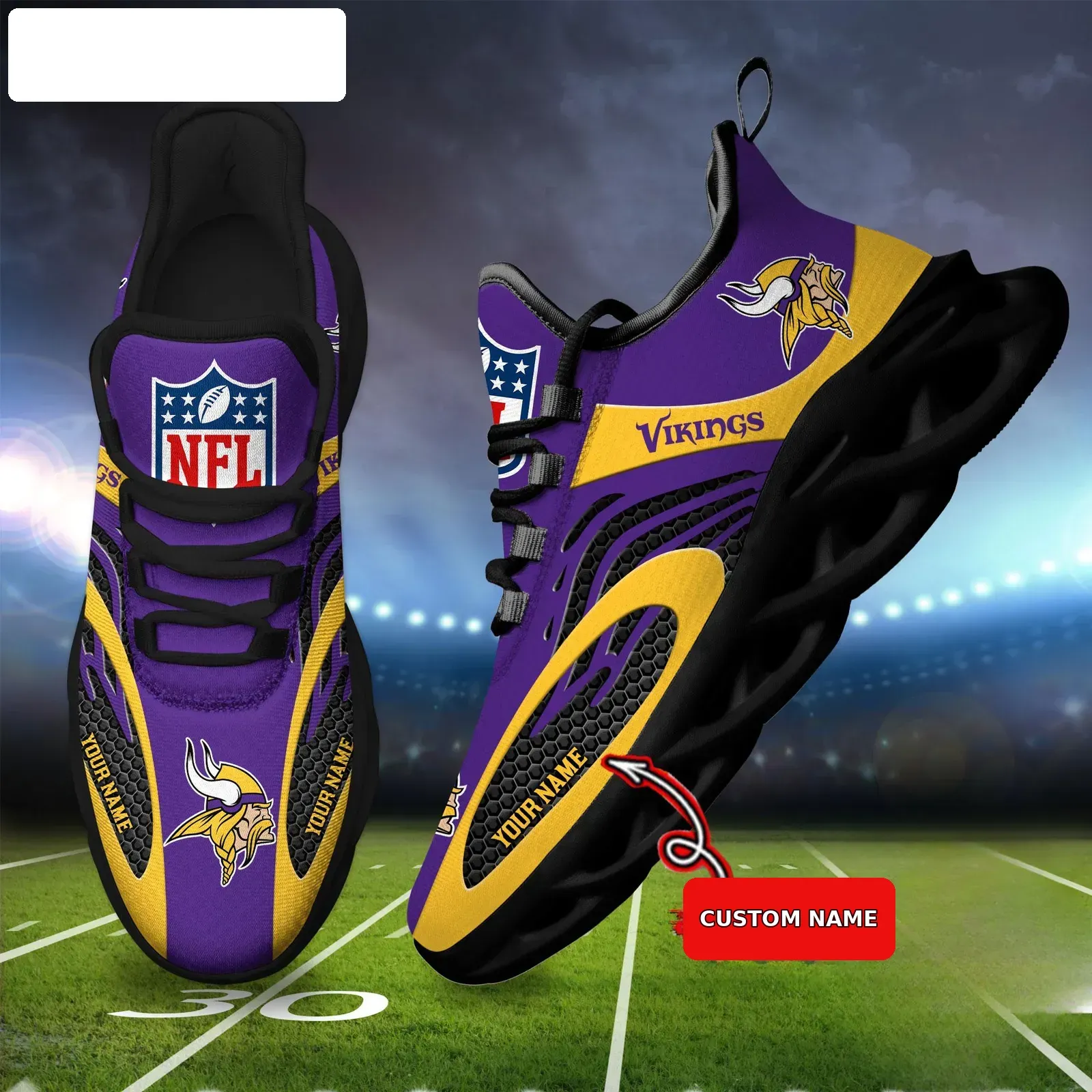 NFL Minnesota Vikings Custom Name Max Soul Shoes, Personalized Skol Football Sneakers, Purple Gold Lace-Up Running Gift for Fans