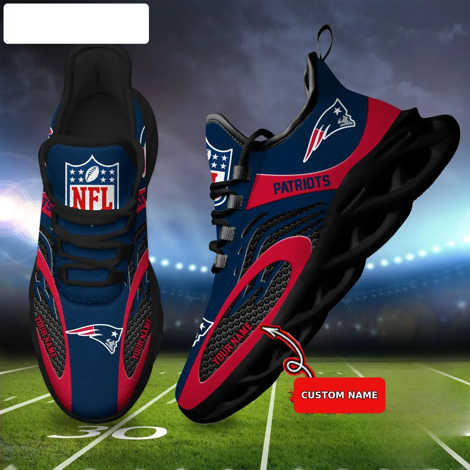 NFL New England Patriots Custom Name Max Soul Shoes, Personalized Football Sneakers for Pats Fans, Navy Red Lace-Up Running Gift