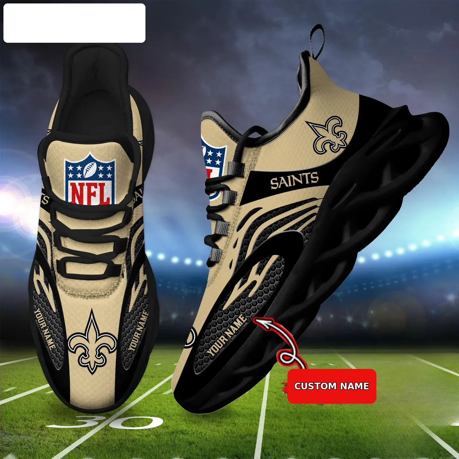 NFL New Orleans Saints Custom Name Max Soul Shoes, Personalized Who Dat Football Sneakers, Black and Gold Running Gift for Fans