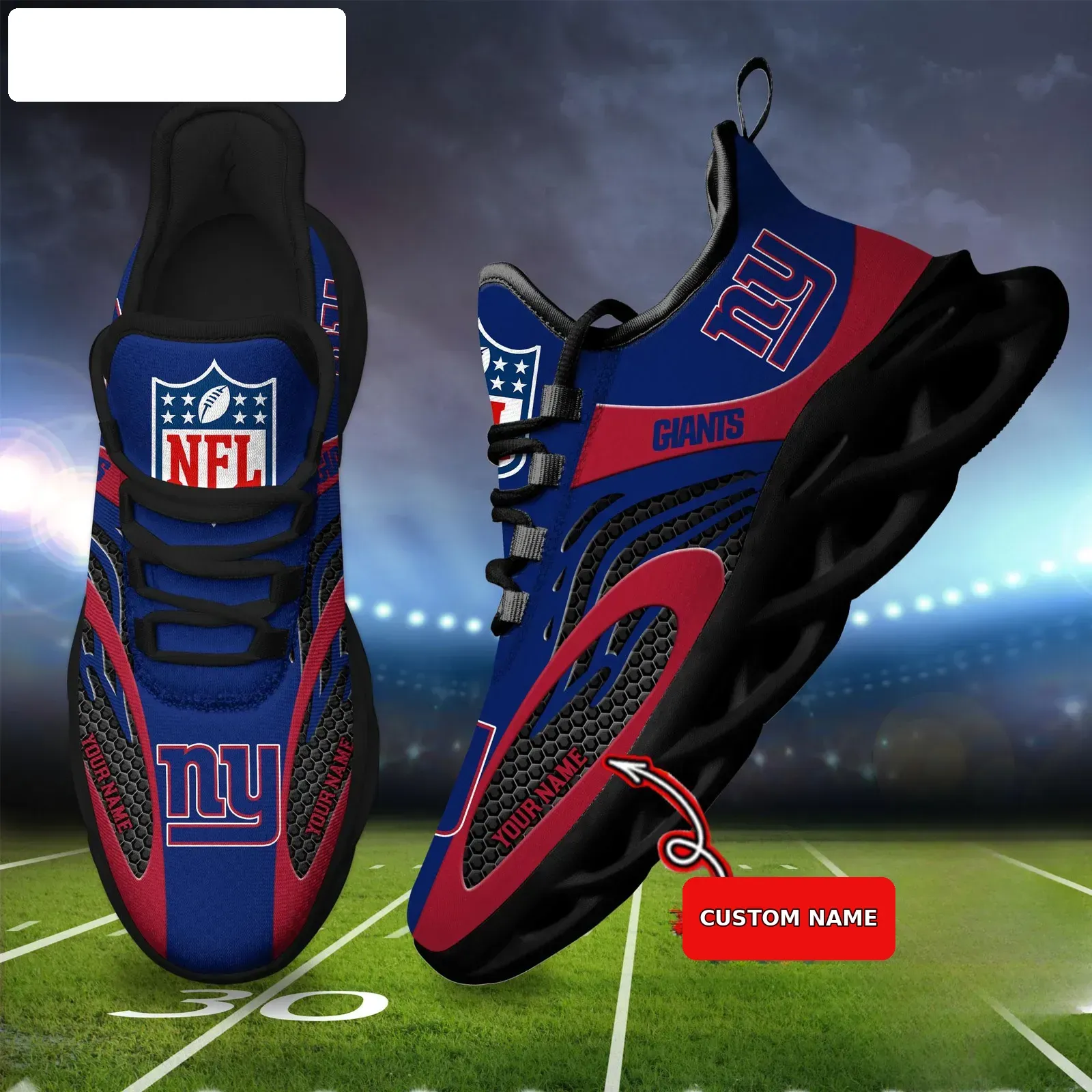 NFL New York Giants Custom Name Max Soul Shoes, Personalized Football Fan Running Sneakers, Game Day Gift for Men and Women