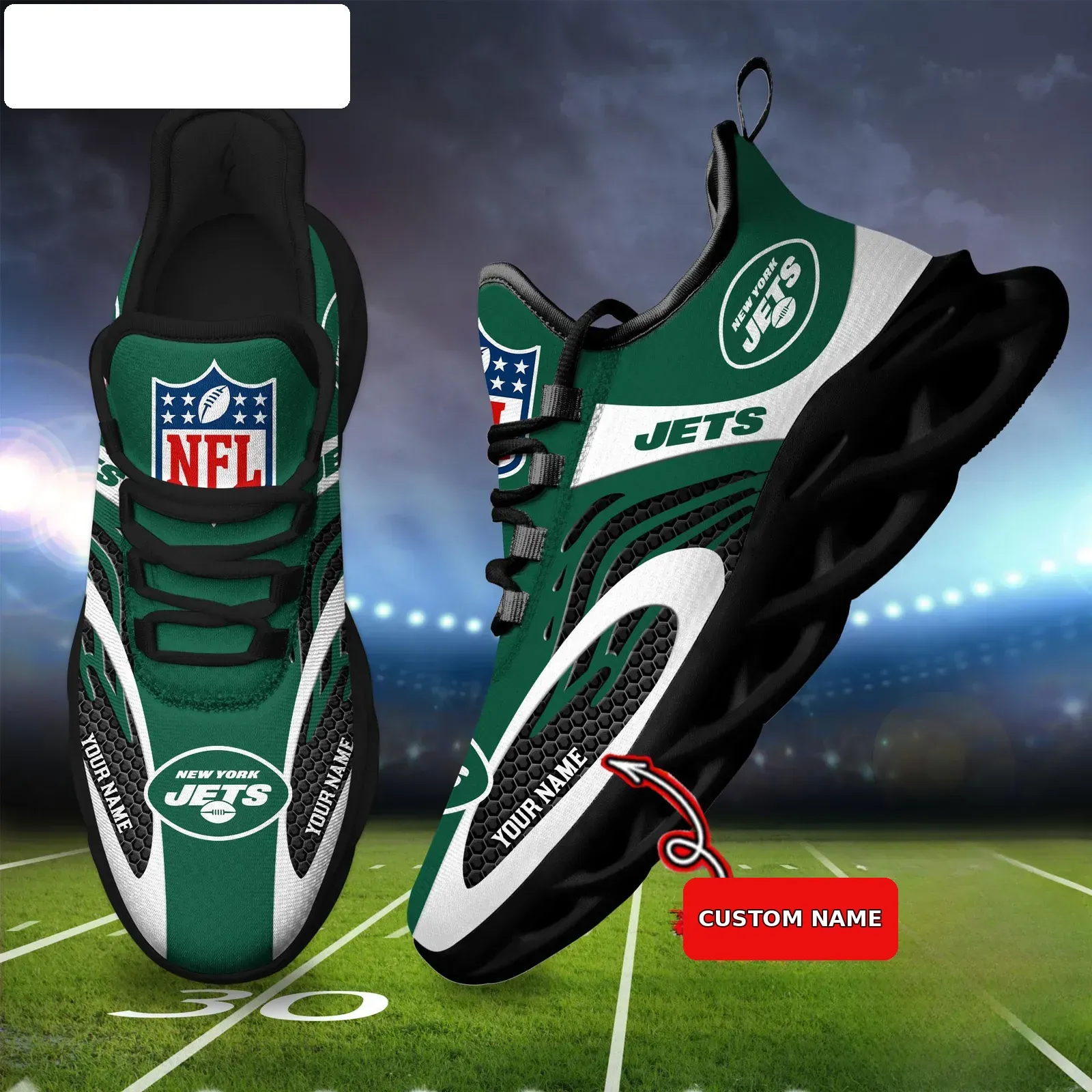 NFL New York Jets Football Logo Personalized Max Soul Shoes, Custom Name Emerald and White Sneakers, Gang Green Game Day Gift