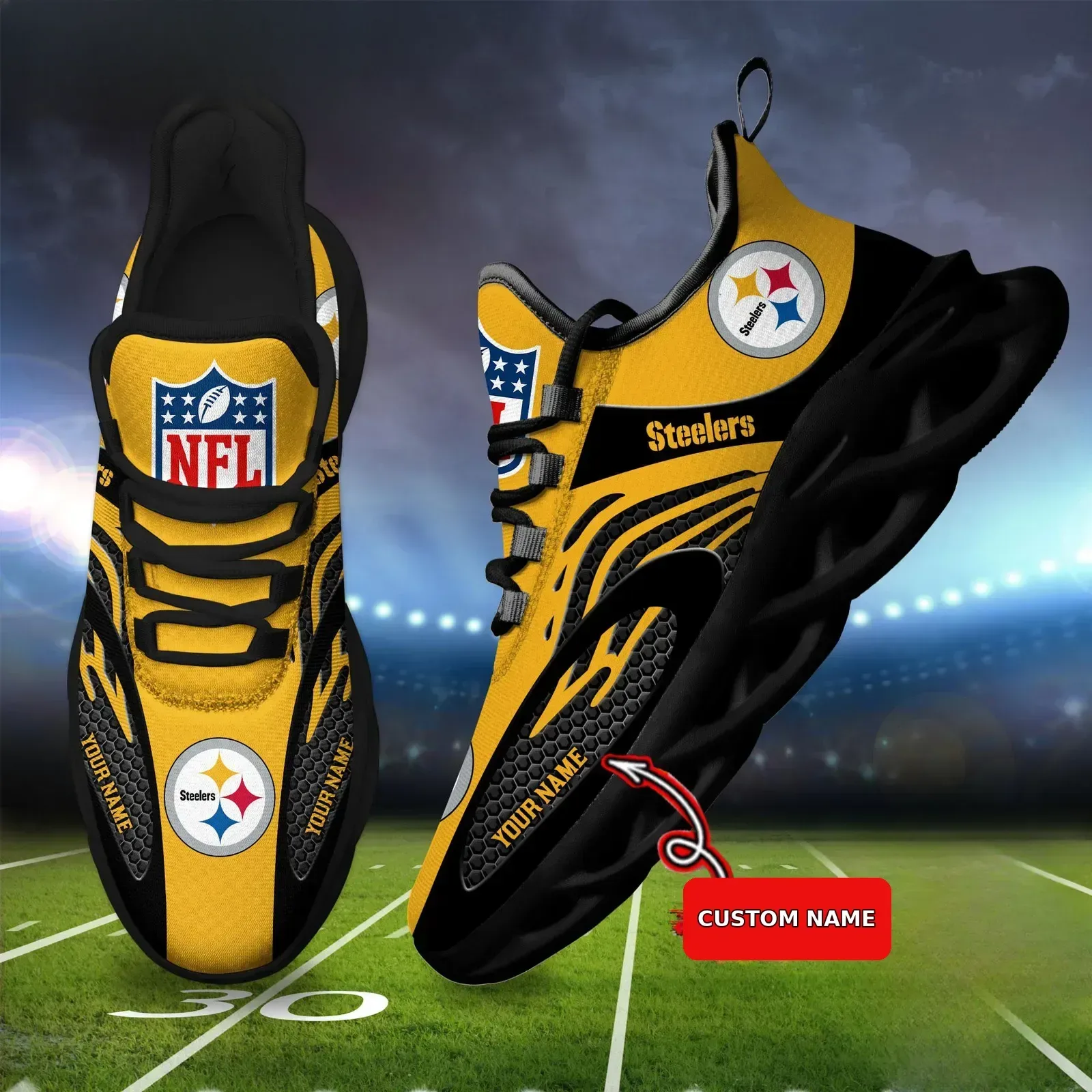 NFL Pittsburgh Steelers Team Logo Custom Name Max Soul Shoes, Personalized Football Sneakers, Black and Gold Steelers Fan Running Shoes