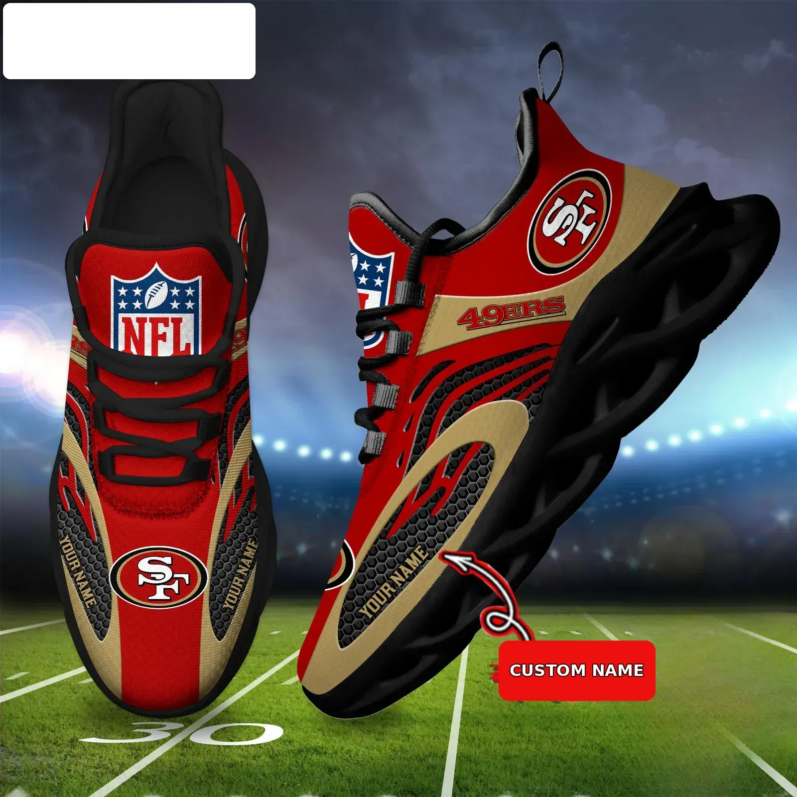 NFL San Francisco 49ers Football Logo Personalized Max Soul Shoes, Custom Name Red and Gold Sneakers, Faithful Game Day Gift