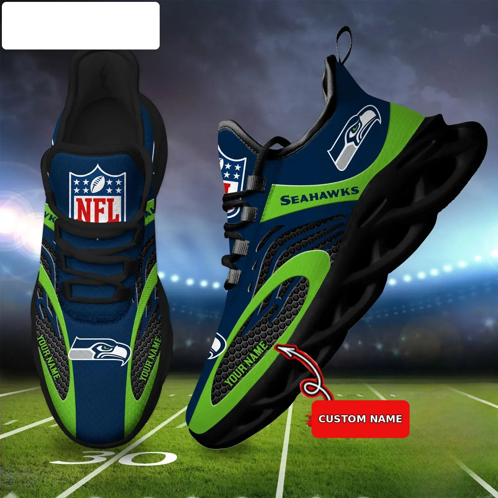 NFL Seattle Seahawks Football Logo Personalized Max Soul Shoes, Custom Name Navy and Action Green Sneakers, 12th Fan Gift