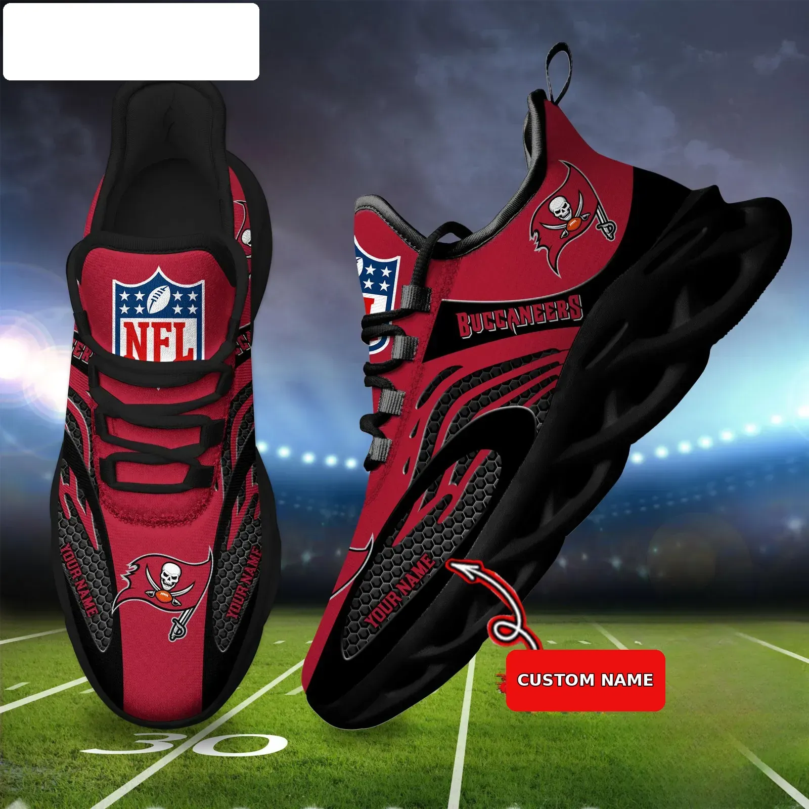 NFL Tampa Bay Buccaneers Football Logo Personalized Max Soul Shoes, Custom Name Red and Black Sneakers, Game Day Fan Gift