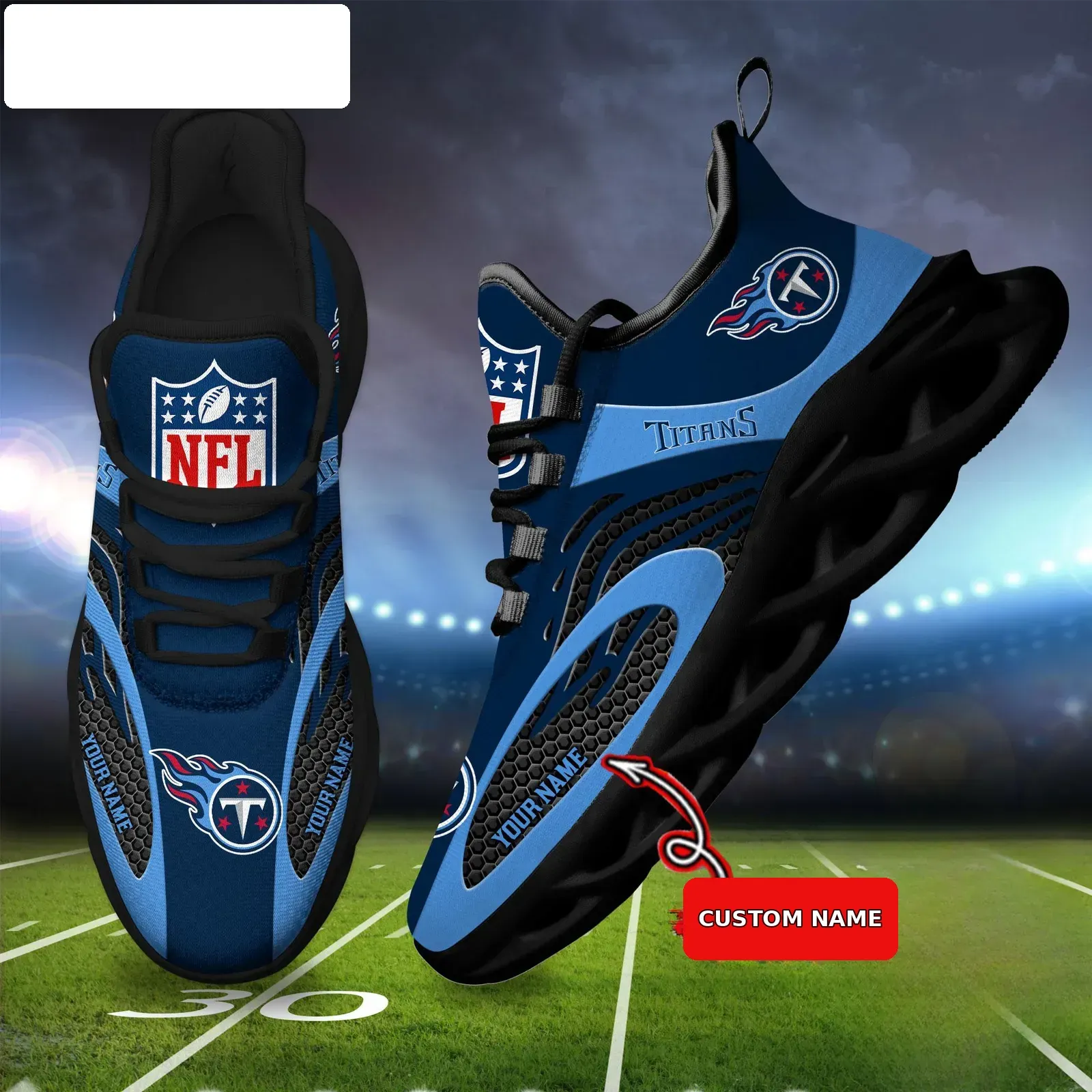 NFL Tennessee Titans Football Logo Personalized Max Soul Shoes, Custom Name Navy and Light Blue Sneakers, Nashville Fan Gift