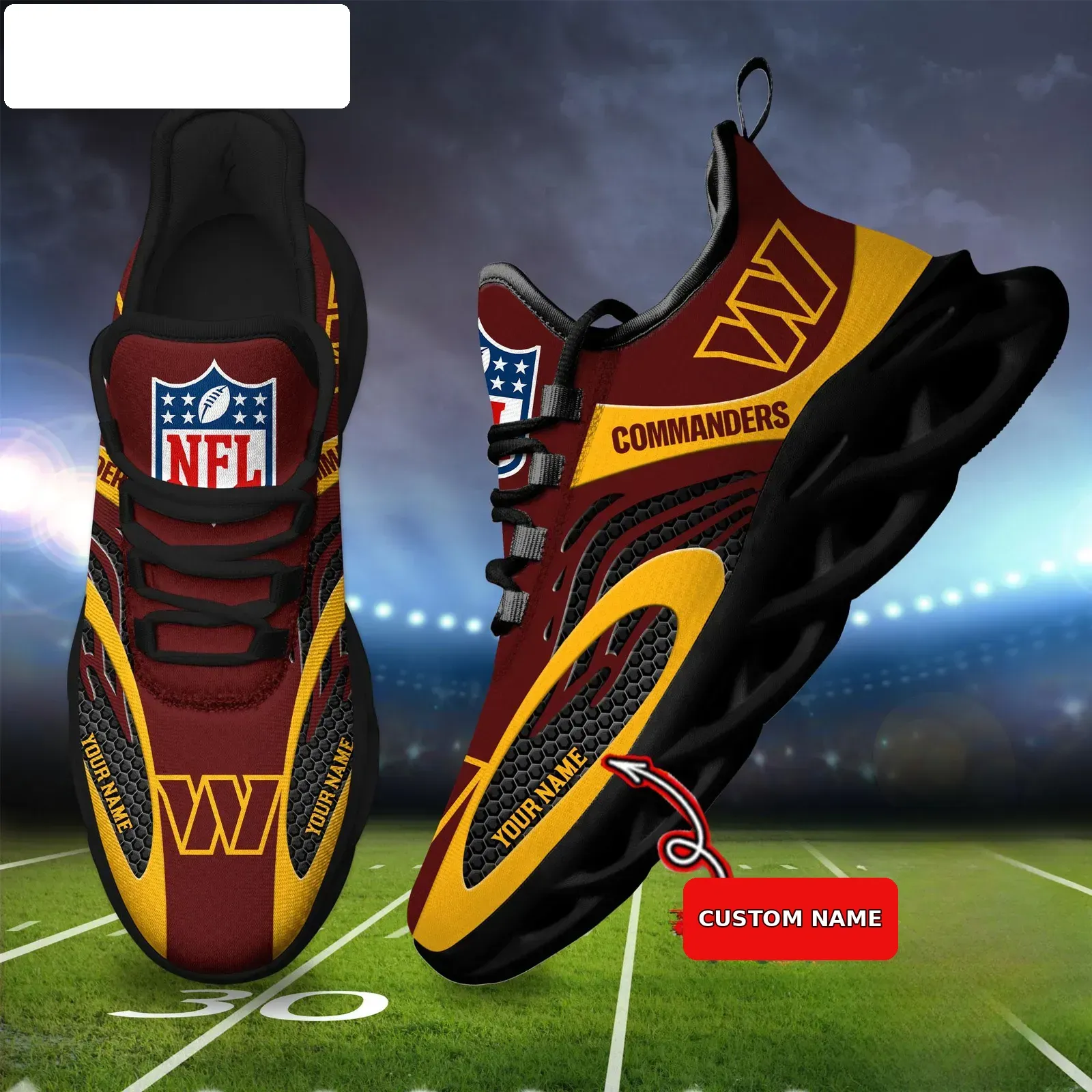 NFL Washington Commanders Football Logo Personalized Max Soul Shoes, Custom Name Burgundy and Gold Sneakers, Game Day Fan Gift