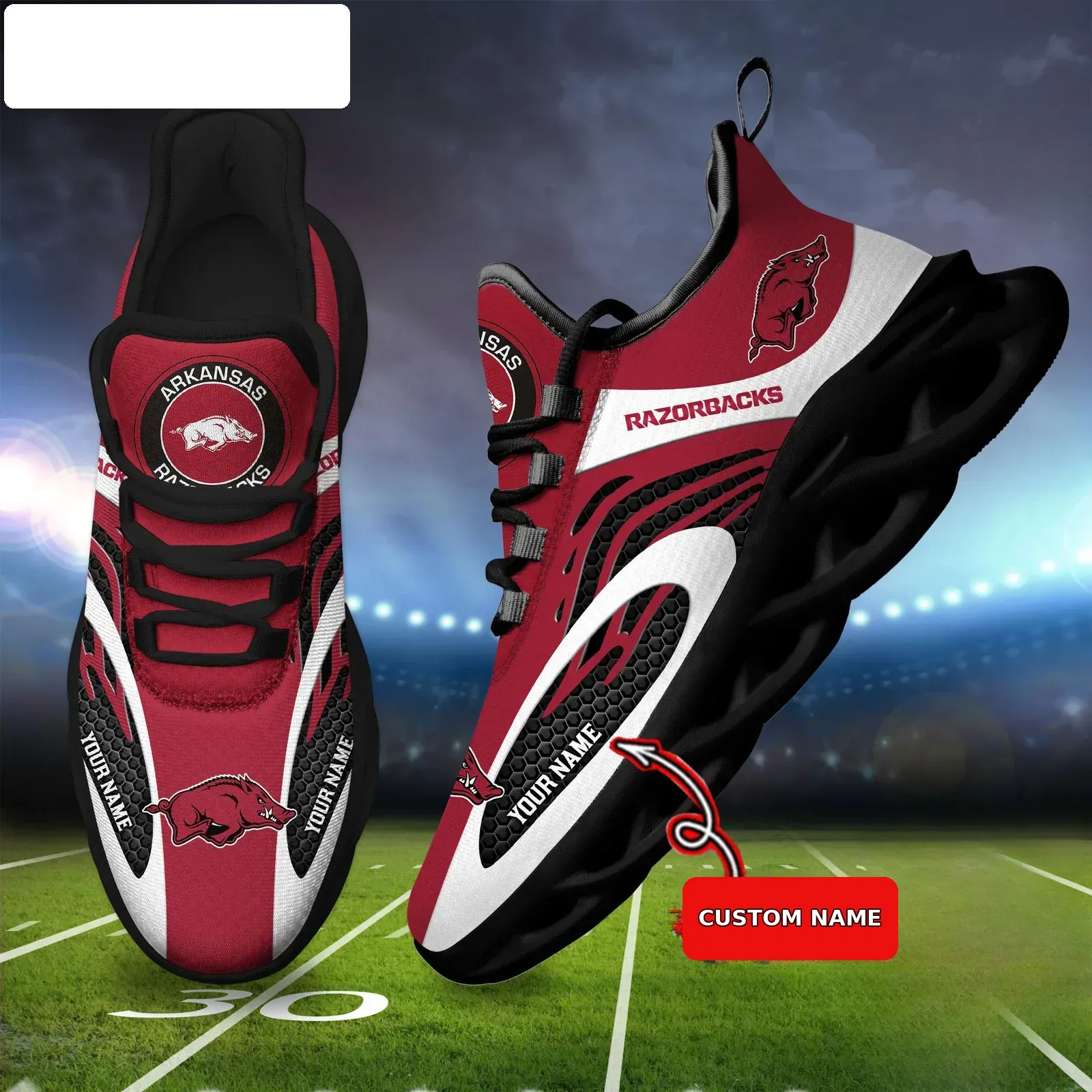 NCAA Arkansas Razorbacks Personalized Max Soul Shoes, Custom Name Cardinal and White Sneakers, Fayetteville Football Fan Gift Idea