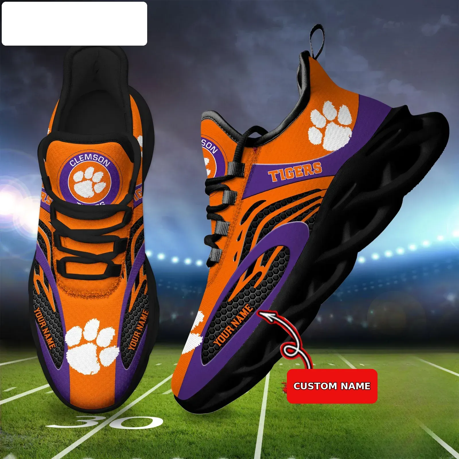 NCAA Clemson Tigers Personalized Max Soul Shoes, Custom Name Orange and Purple Sneakers, Death Valley College Football Fan Gift