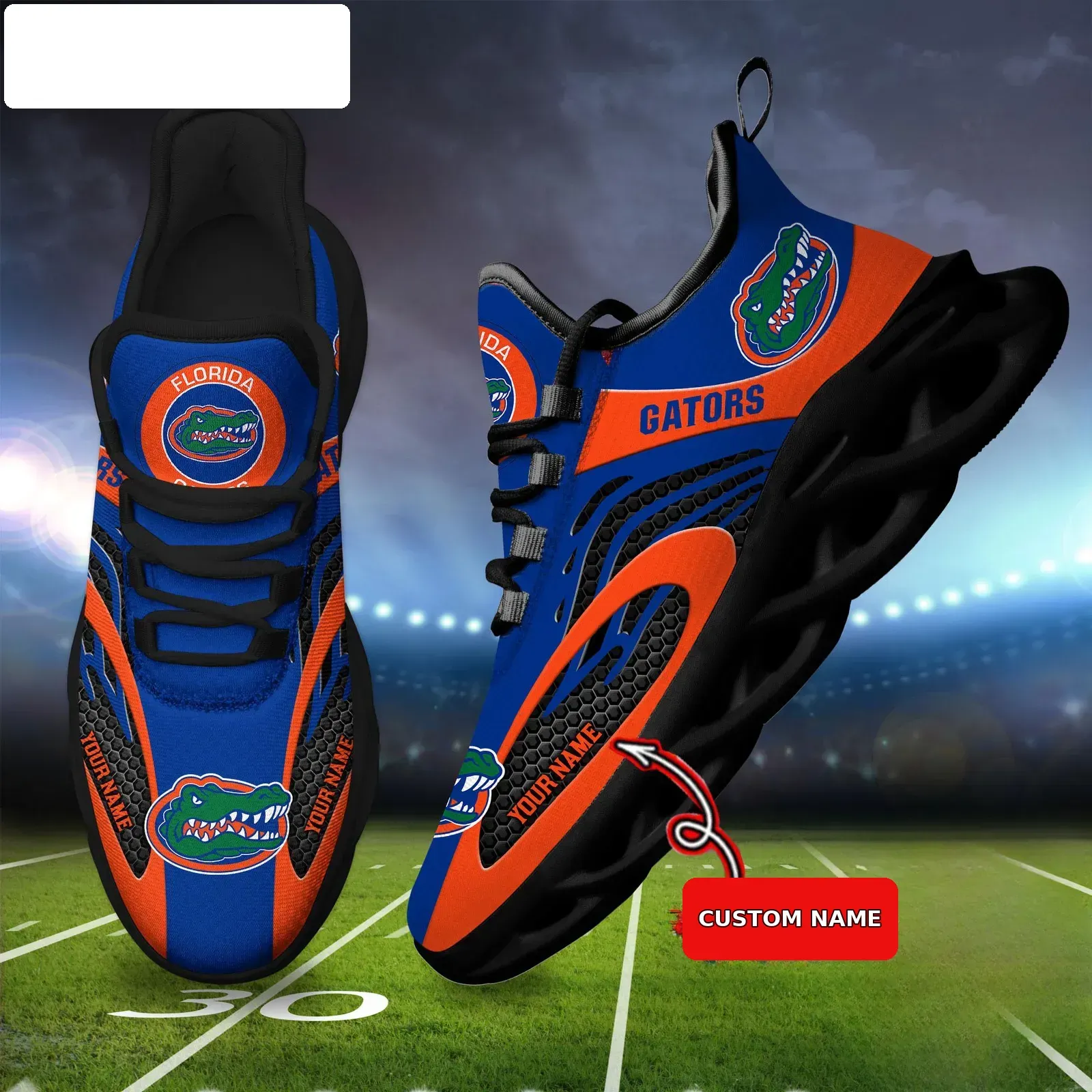 NCAA Florida Gators Personalized Max Soul Shoes, Custom Name Blue and Orange Sneakers, Gainesville College Football Fan Gift