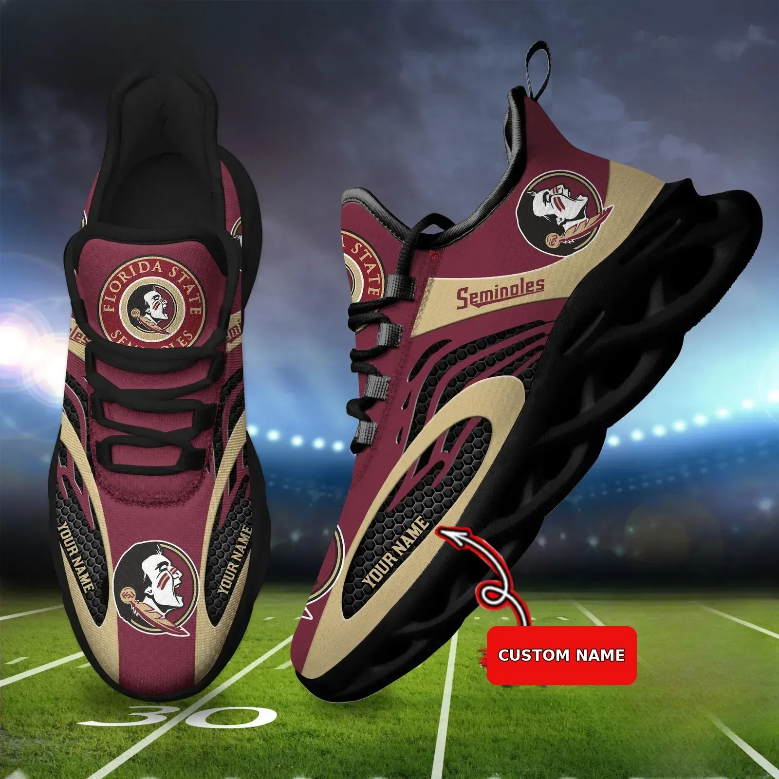 Personalized NCAA Florida State Seminoles Max Soul Shoes, Custom Name College Football Fan Sneakers, Noles Game Day Running Shoes
