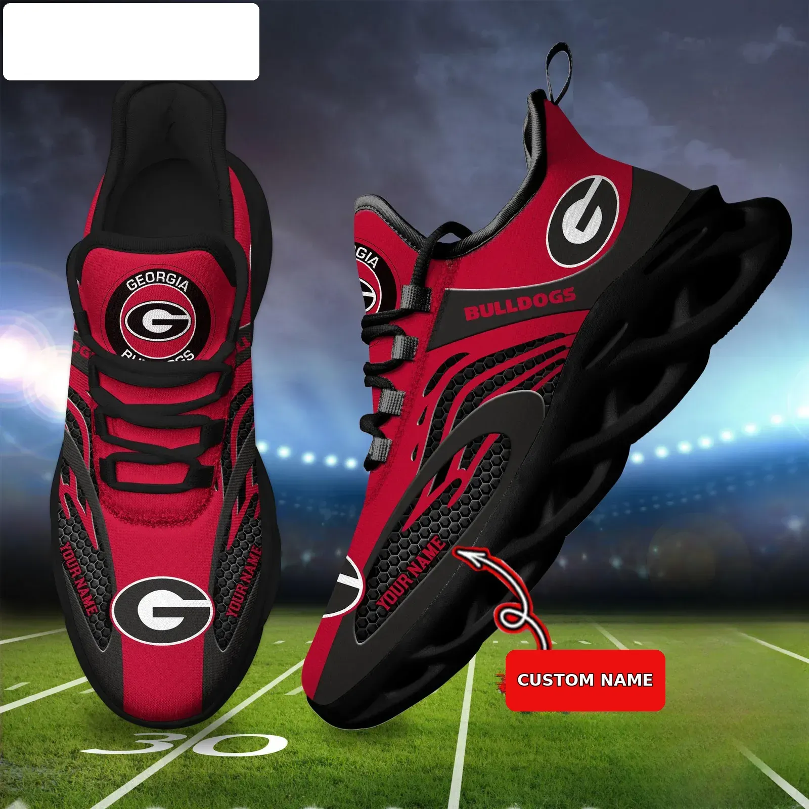 NCAA Georgia Bulldogs Personalized Max Soul Shoes, Custom Name Red and Black Sneakers, Athens College Football Fan Gift Idea