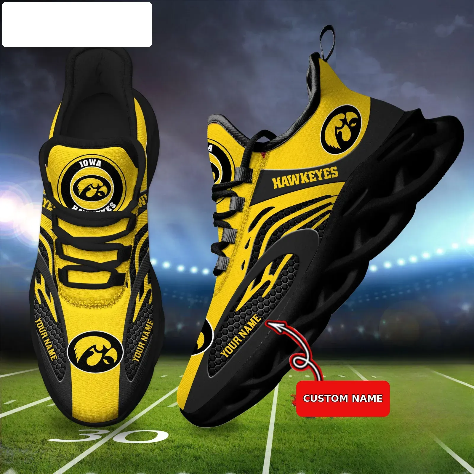 NCAA Iowa Hawkeyes Personalized Max Soul Shoes, Custom Name Black and Gold Sneakers, Kinnick College Football Fan Gift