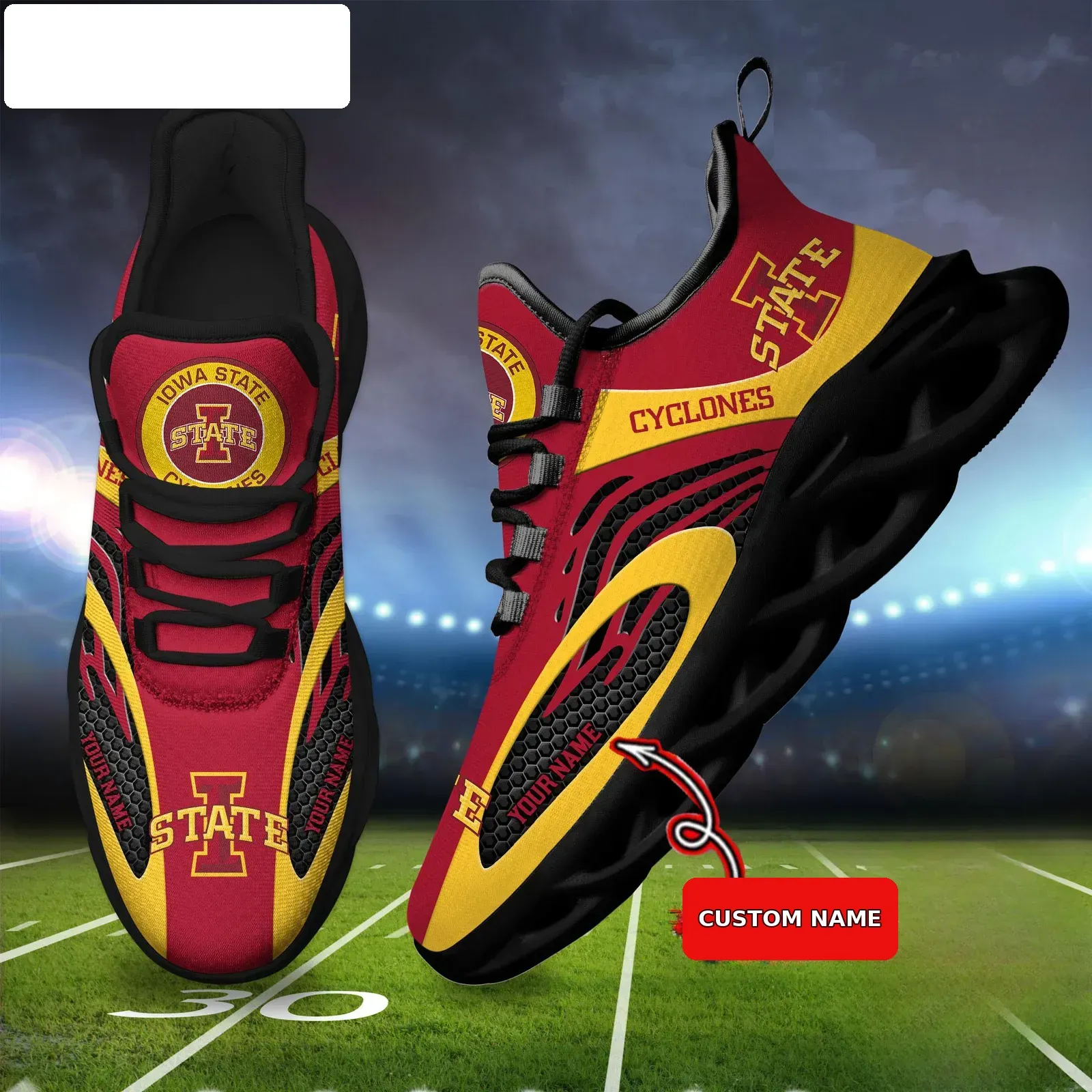 NCAA Iowa State Cyclones Personalized Max Soul Shoes, Custom Name Cardinal and Gold Sneakers, Ames College Football Fan Gift