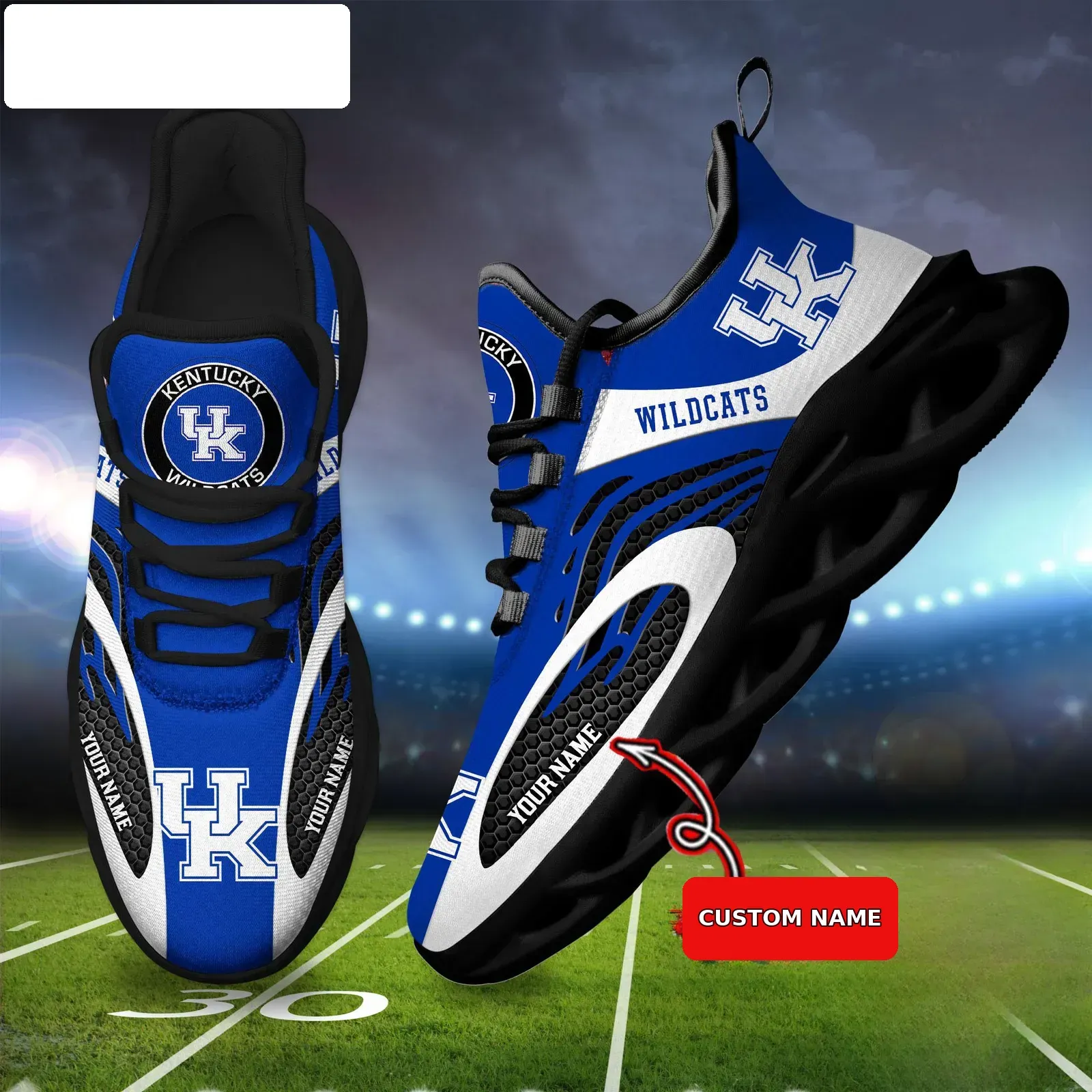 NCAA Kentucky Wildcats Personalized Max Soul Shoes, Custom Name Royal Blue and White Sneakers, Lexington College Fan Gift Idea