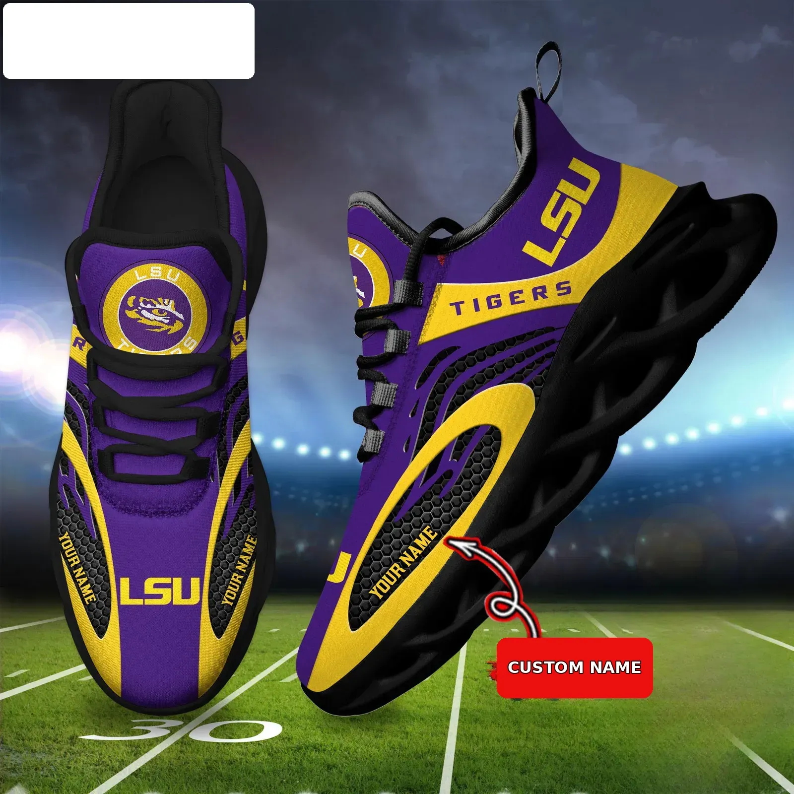 NCAA LSU Tigers Personalized Max Soul Shoes, Custom Name Purple and Gold Sneakers, Baton Rouge College Football Fan Gift