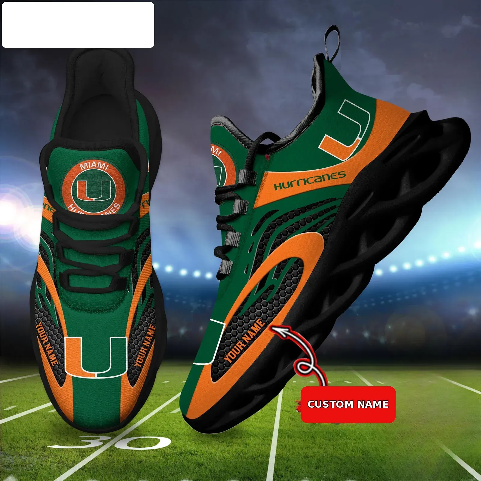 NCAA Miami Hurricanes Personalized Max Soul Shoes, Custom Name Green and Orange Sneakers, The U College Football Fan Gift