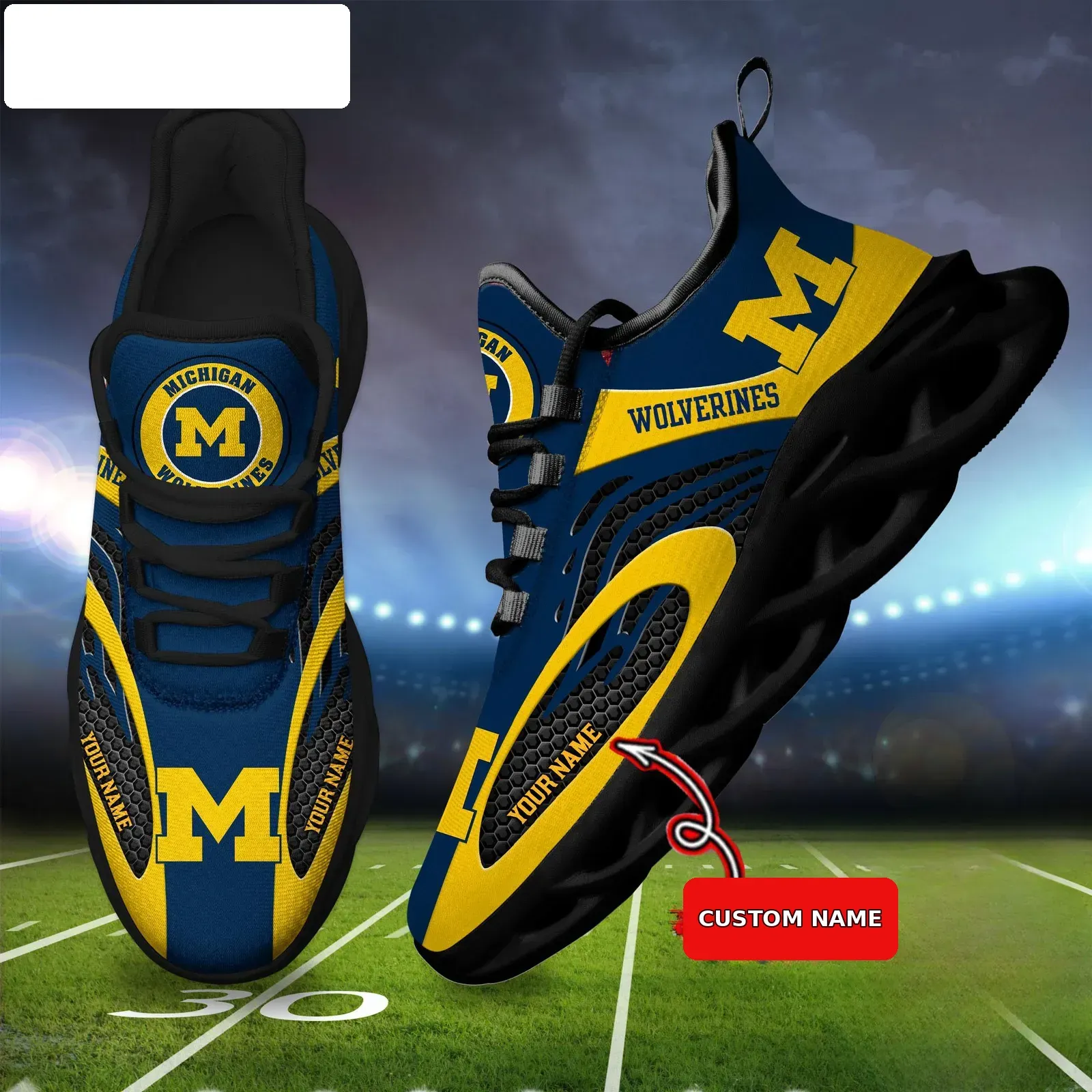 NCAA Michigan Wolverines Personalized Max Soul Shoes, Custom Name Maize and Blue Sneakers, Ann Arbor College Football Fan Gift