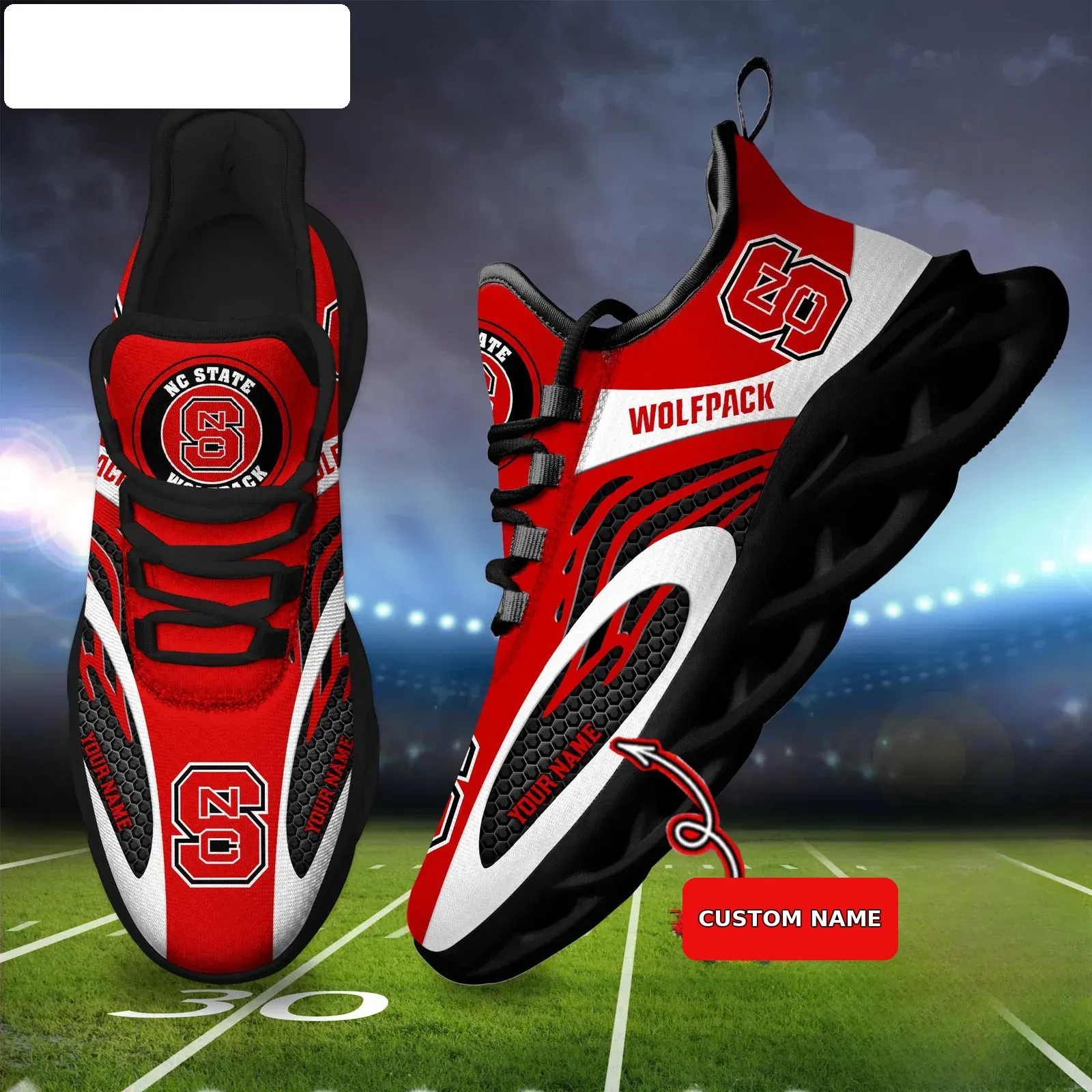 NCAA NC State Wolfpack Personalized Max Soul Shoes, Custom Name Red and White Sneakers, Raleigh College Football Fan Gift Idea