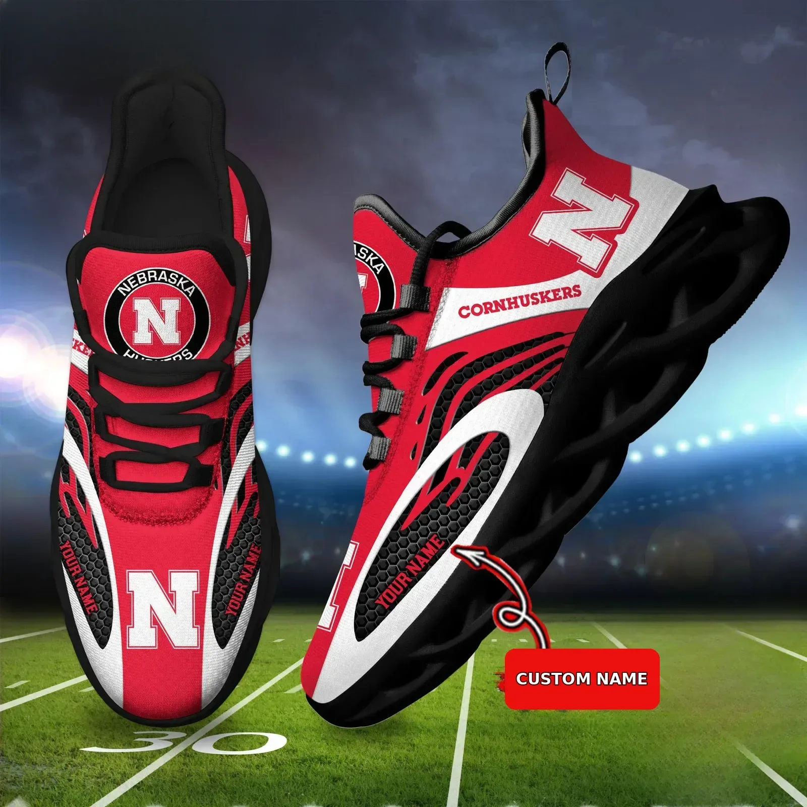 Personalized NCAA Nebraska Cornhuskers Max Soul Shoes, Custom Name College Football Fan Sneakers, Huskers Game Day Running Shoes