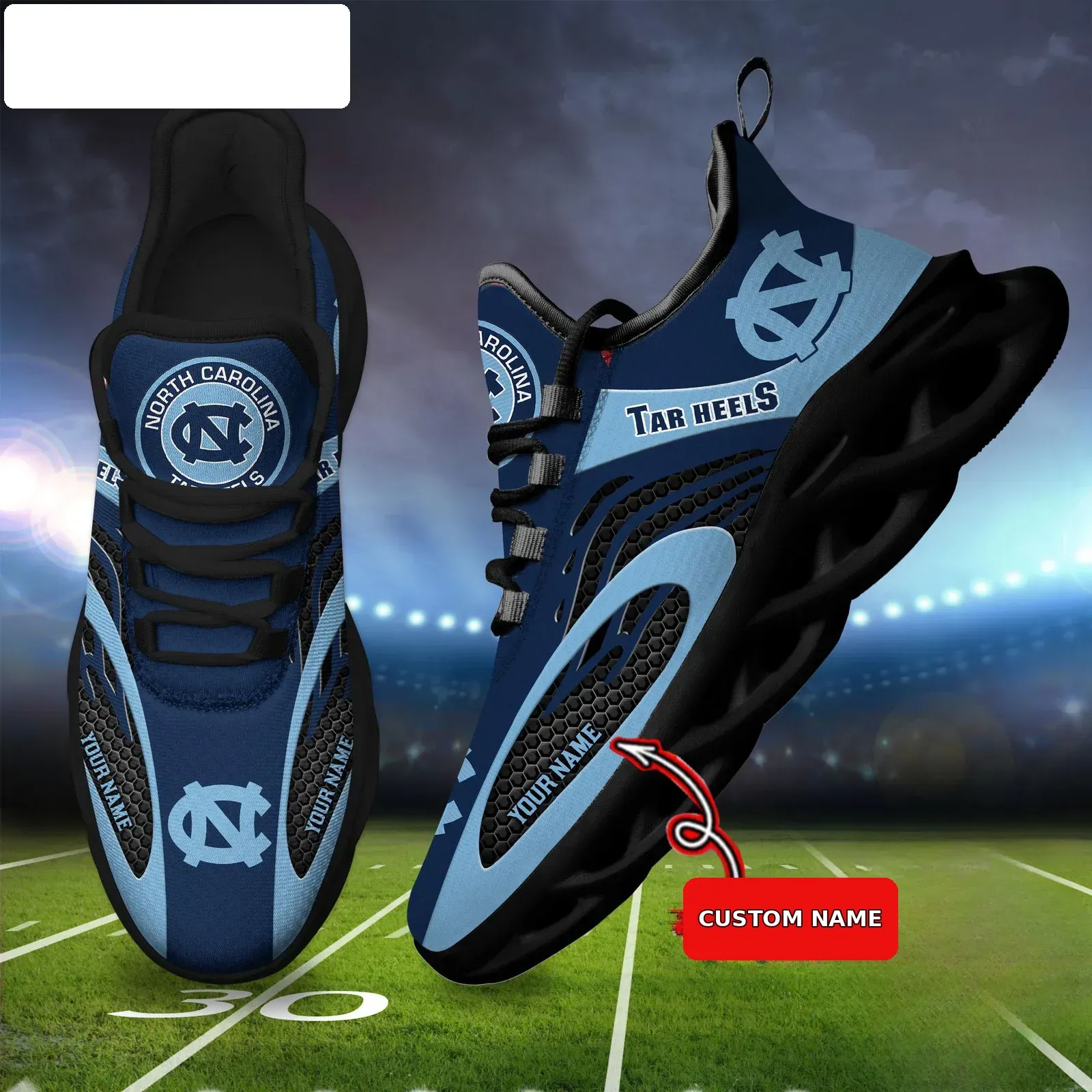 NCAA North Carolina Tar Heels Personalized Max Soul Shoes, Custom Name Sky Blue and Navy Sneakers, Chapel Hill Fan Gift