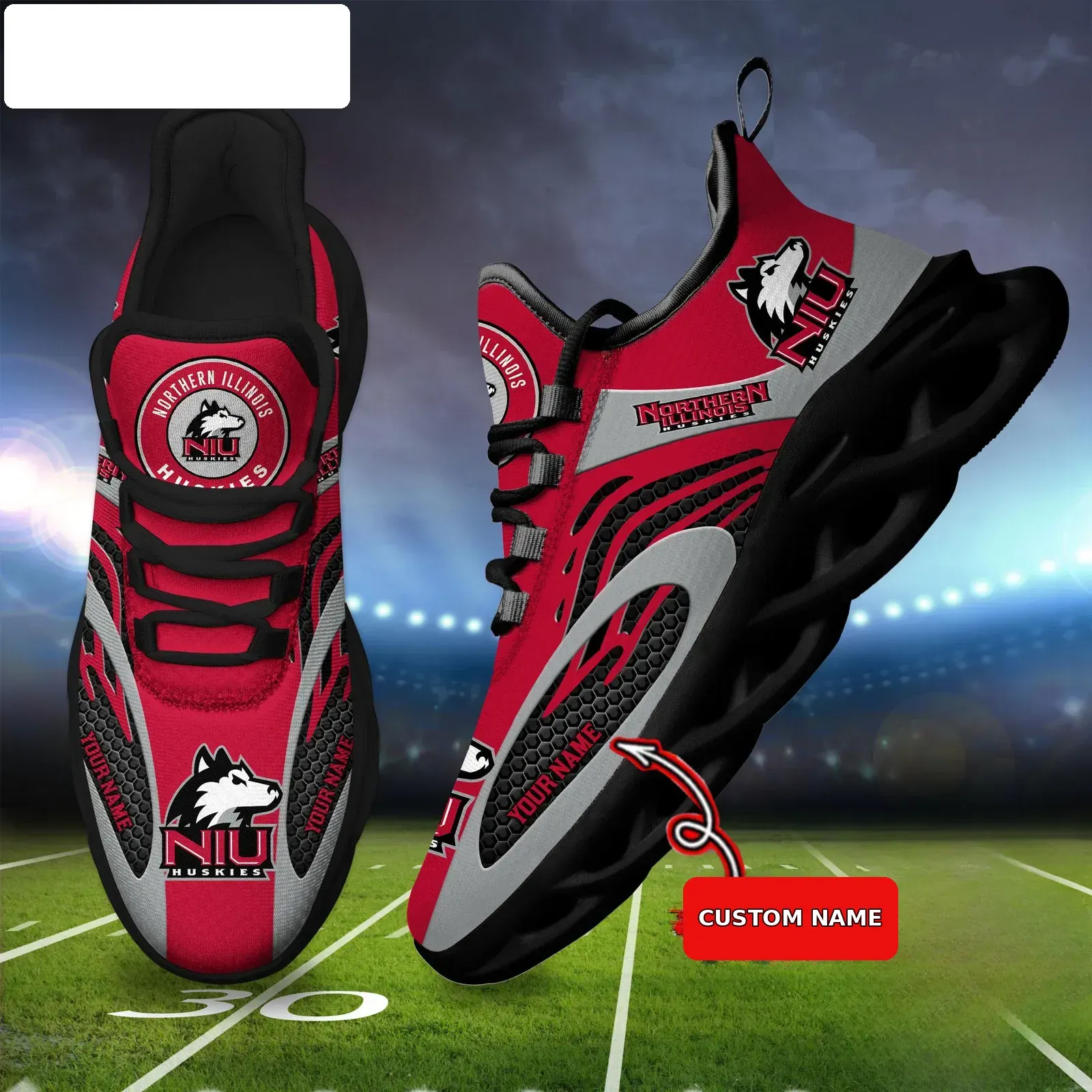 NCAA Northern Illinois Huskies Personalized Max Soul Shoes, Custom Name Red and Gray Sneakers, NIU College Football Fan Gift