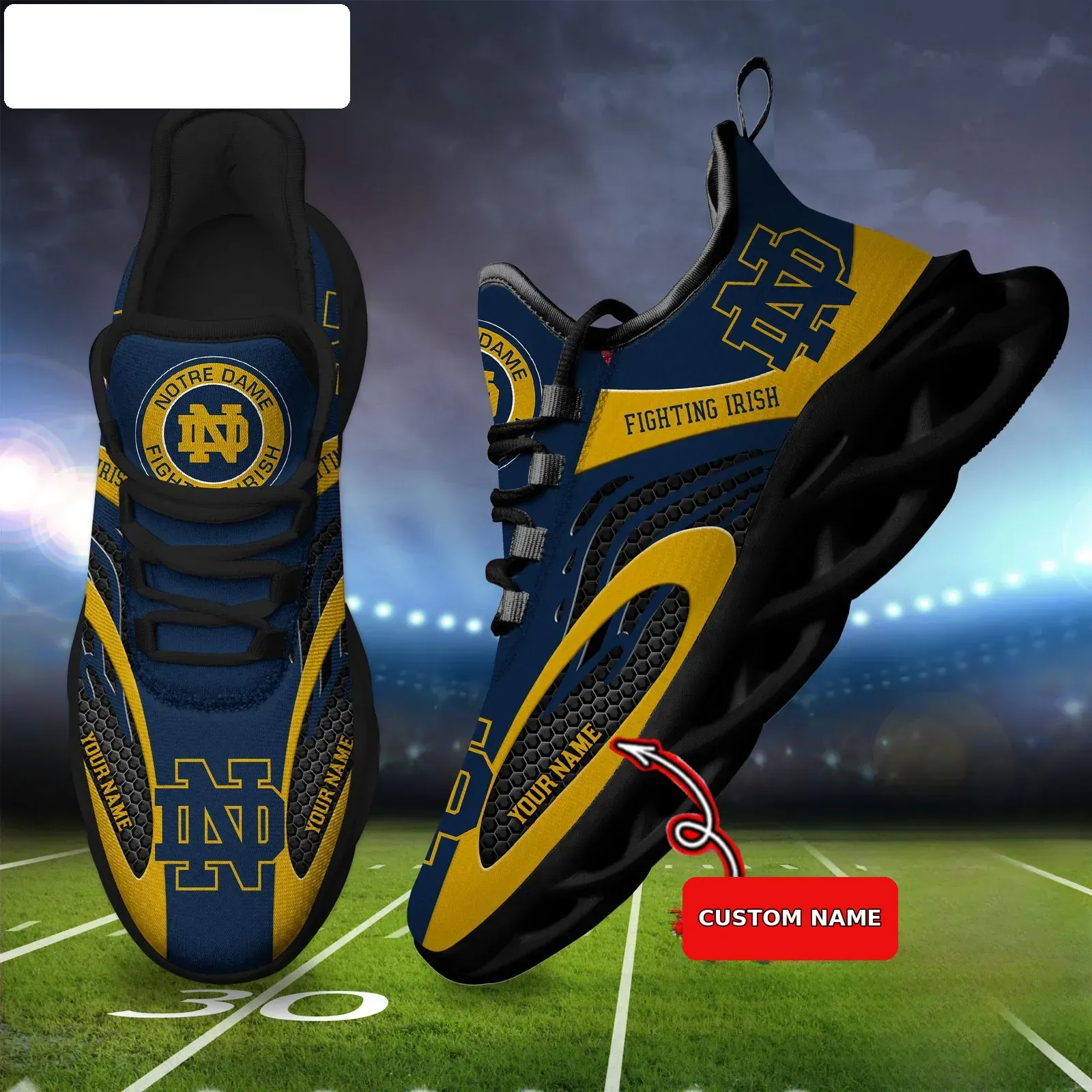 NCAA Notre Dame Fighting Irish Personalized Max Soul Shoes, Custom Name Navy and Gold Sneakers, College Football Fan Gift