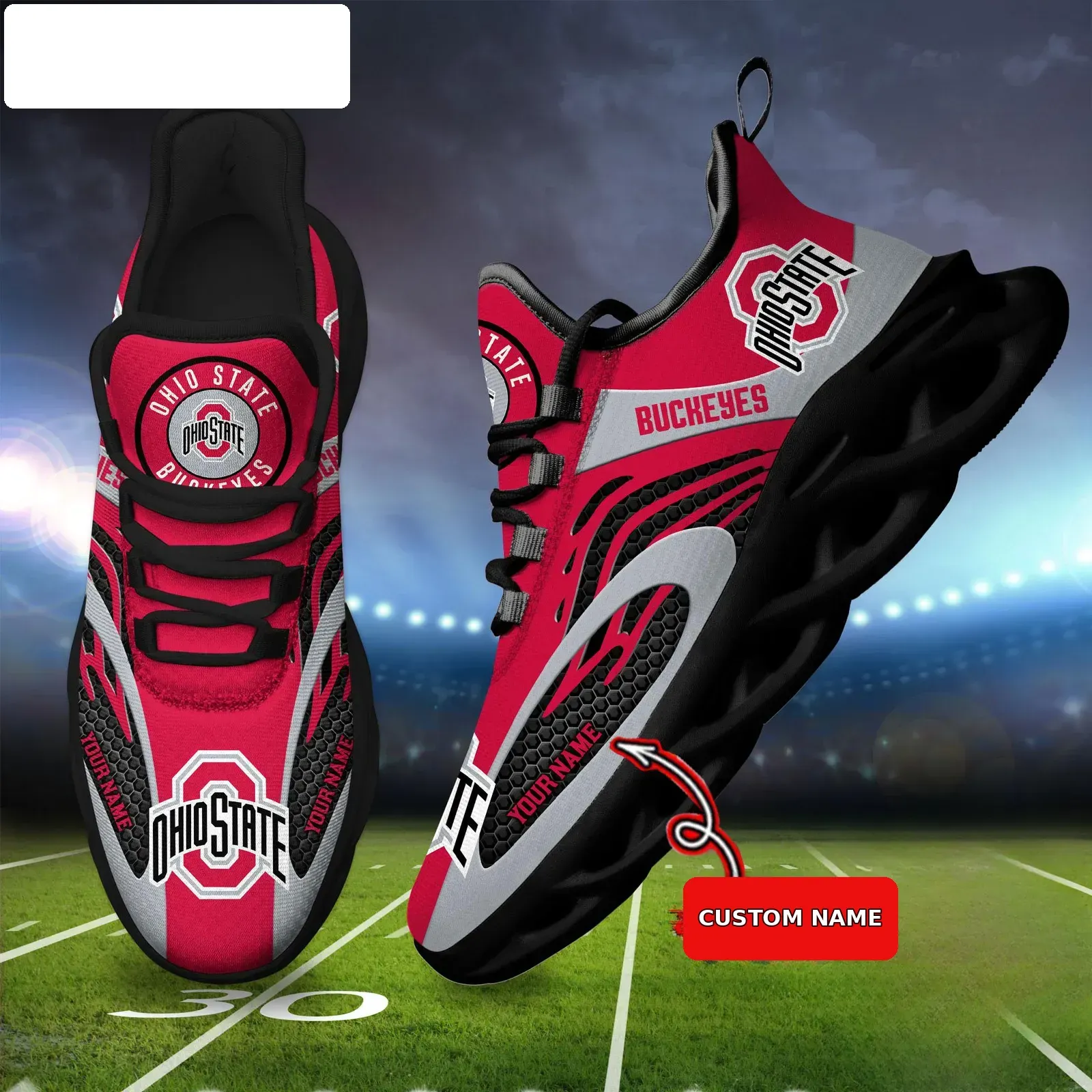 NCAA Ohio State Buckeyes Personalized Max Soul Shoes, Custom Name Scarlet and Gray Sneakers, Columbus College Football Fan Gift