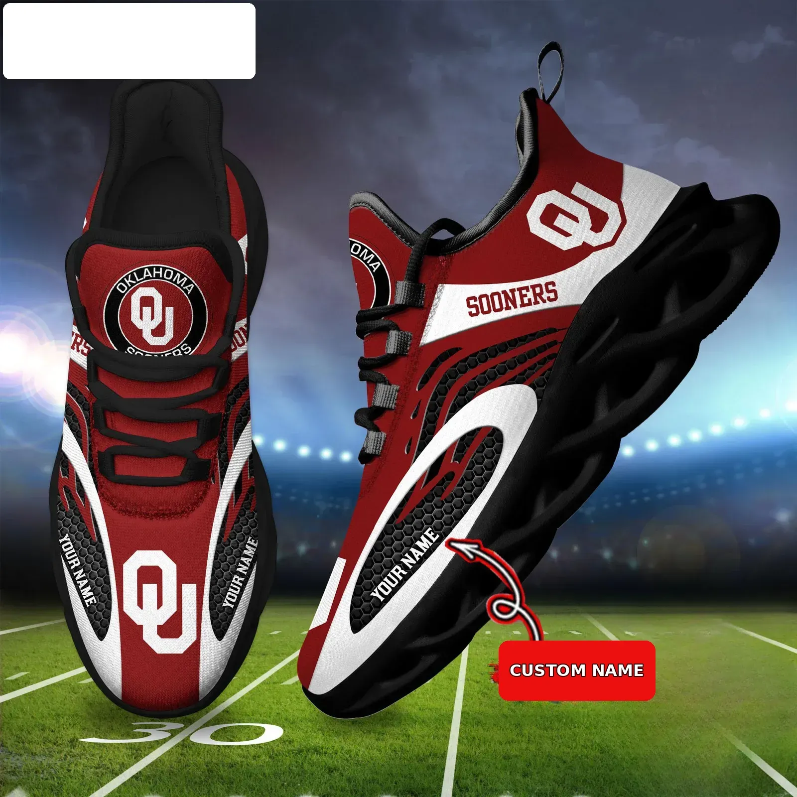 NCAA Oklahoma Sooners Personalized Max Soul Shoes, Custom Name Crimson and Cream Sneakers, Norman College Football Fan Gift
