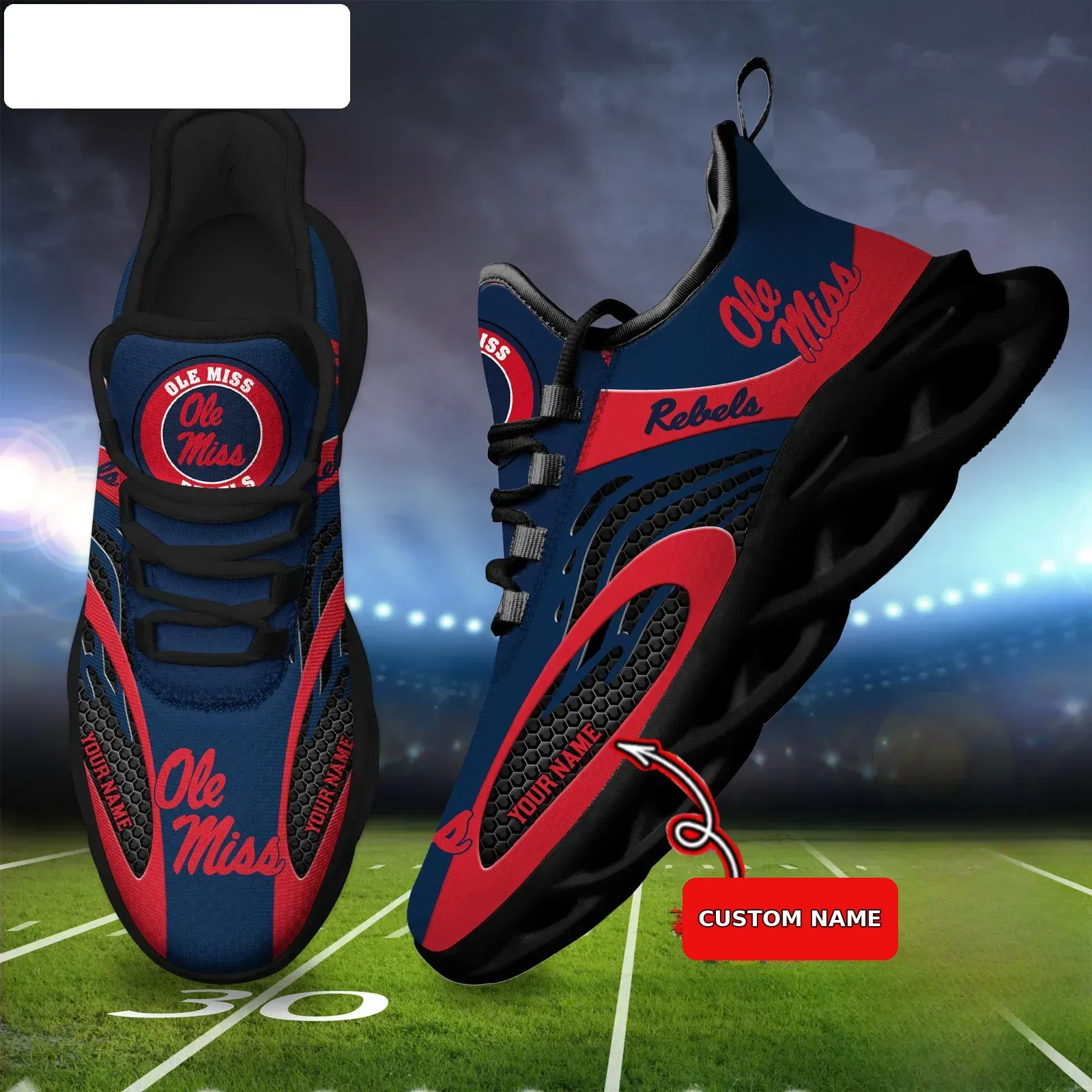 NCAA Ole Miss Rebels Personalized Max Soul Shoes, Custom Name Navy and Red Sneakers, Oxford Mississippi College Football Fan Gift