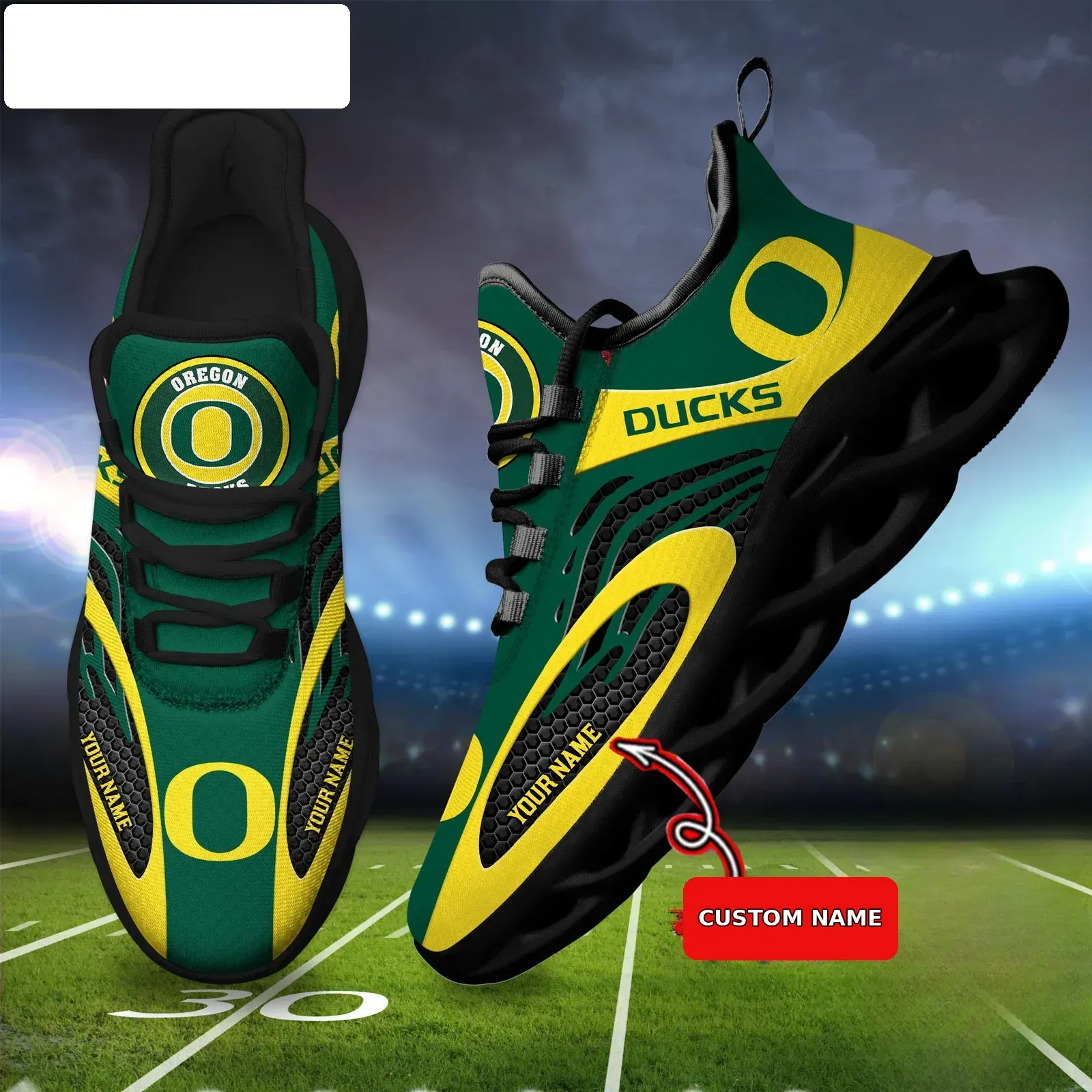 NCAA Oregon Ducks Personalized Max Soul Shoes, Custom Name Green and Yellow Sneakers, College Football Fan Gift for Eugene