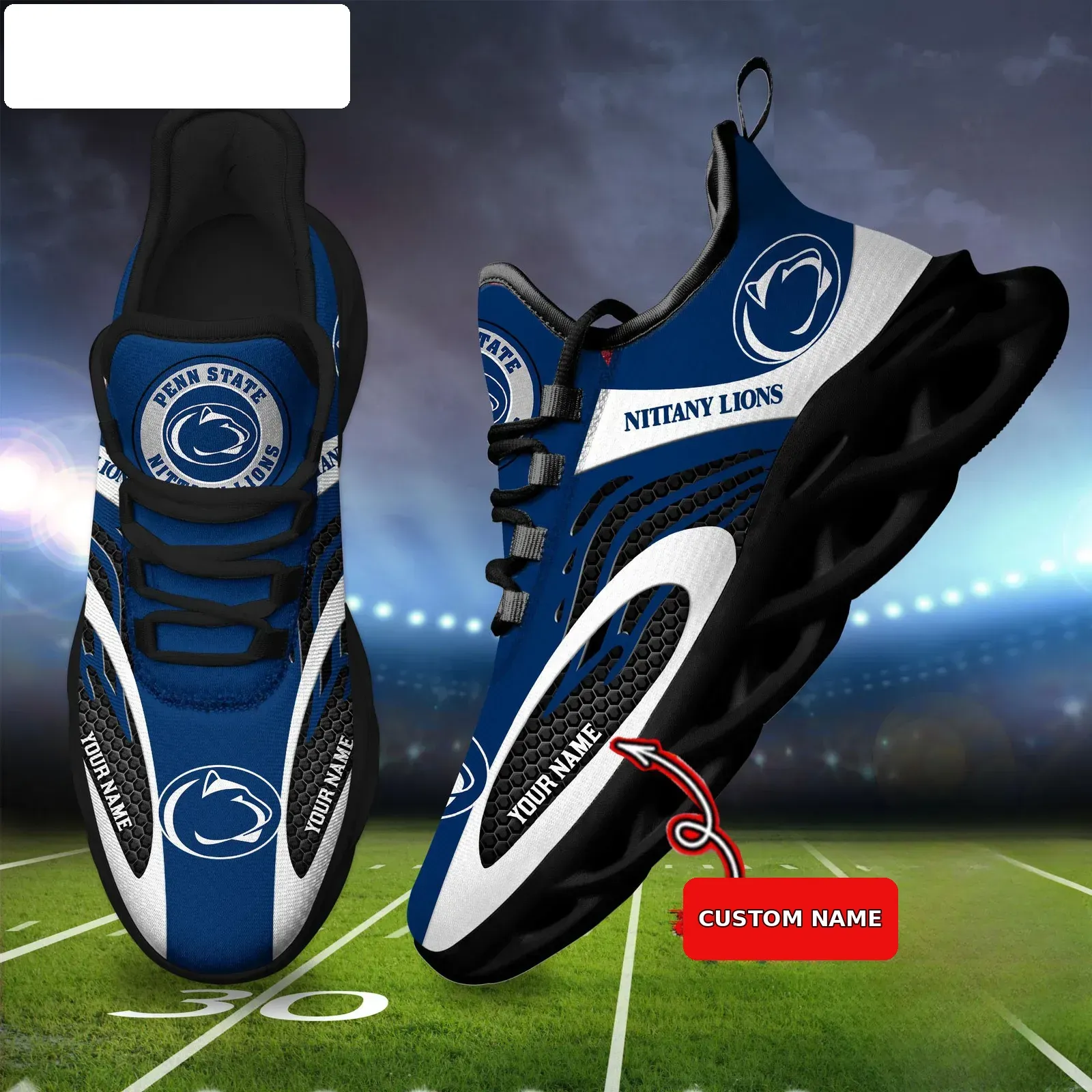 NCAA Penn State Nittany Lions Personalized Max Soul Shoes, Custom Name Navy and White Sneakers, Happy Valley Football Fan Gift