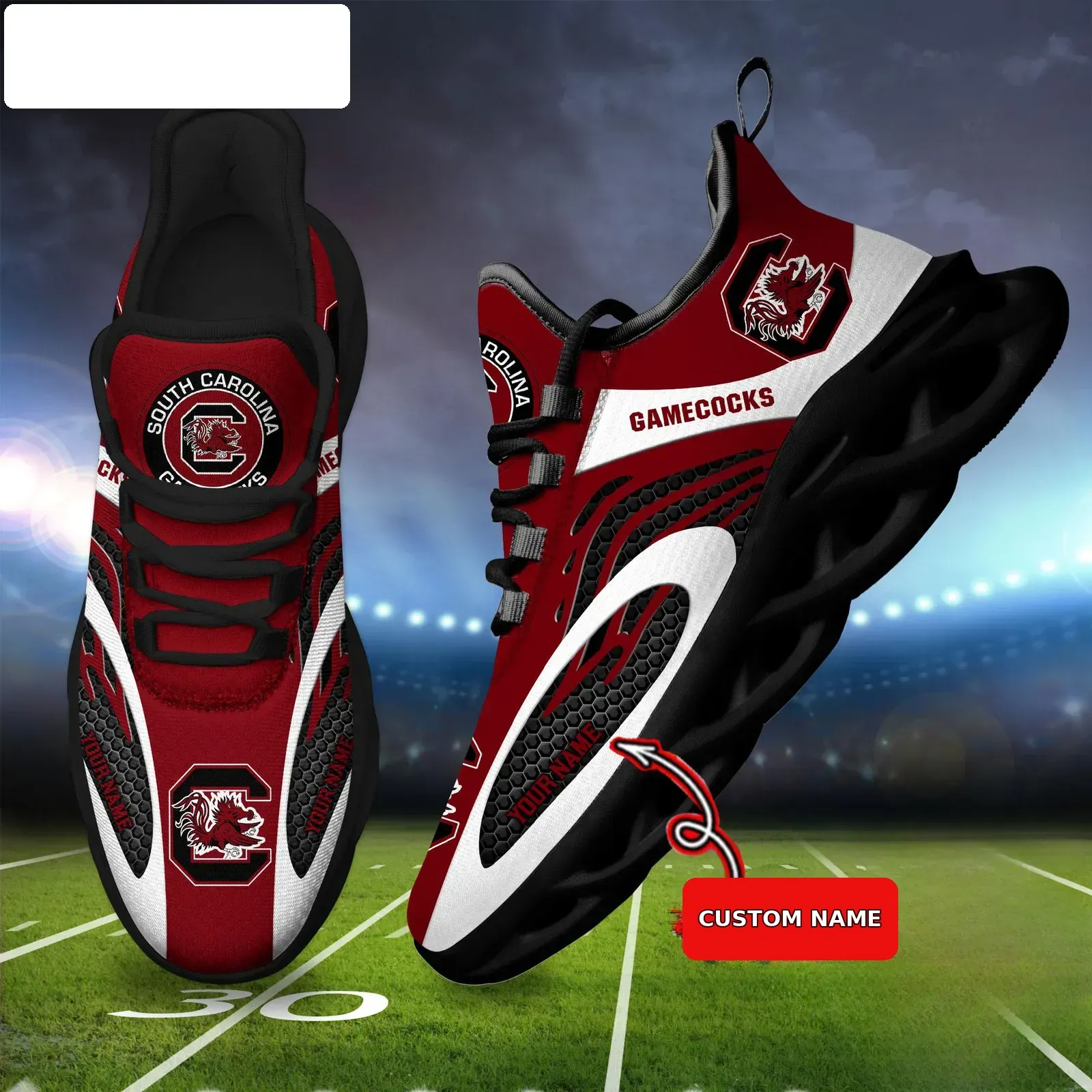 NCAA South Carolina Gamecocks Personalized Max Soul Shoes, Custom Name Sneakers, Garnet and Black College Football Fan Gift