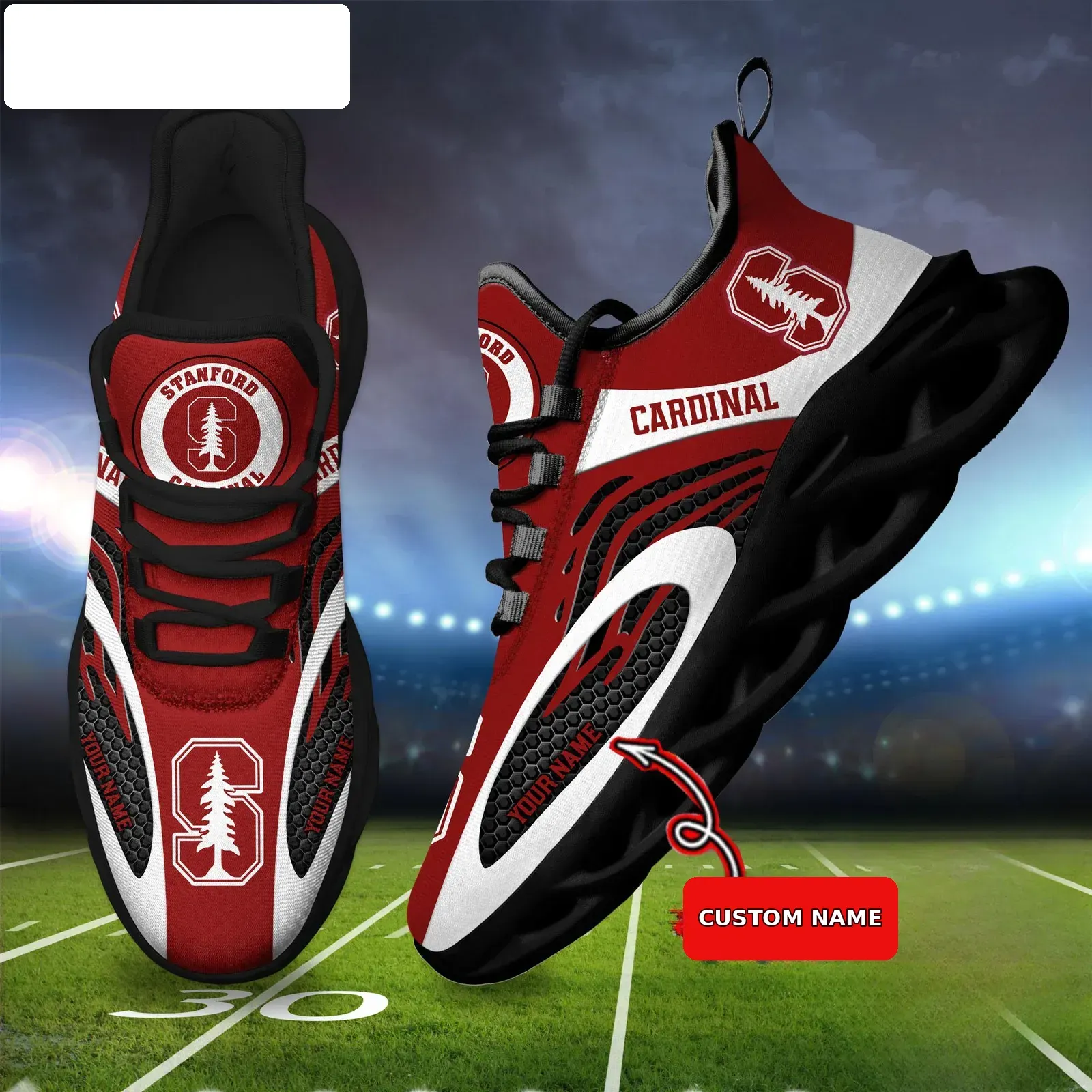 NCAA Stanford Cardinal Personalized Max Soul Shoes, Custom Name College Football Sneakers, Red and White Campus Walking Shoe Gift