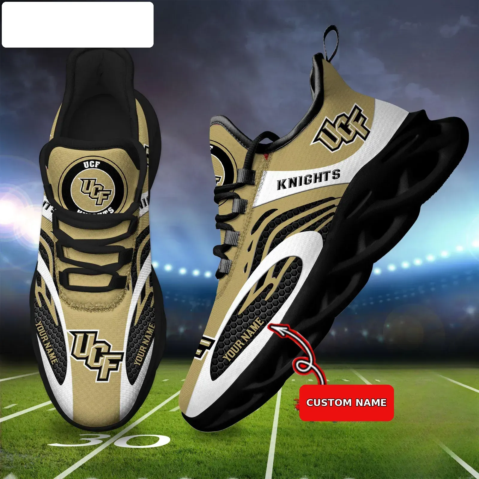 NCAA UCF Knights Personalized Max Soul Shoes, Custom Name Lace-Up Sneakers, Black and Gold College Football Fan Gift for Orlando