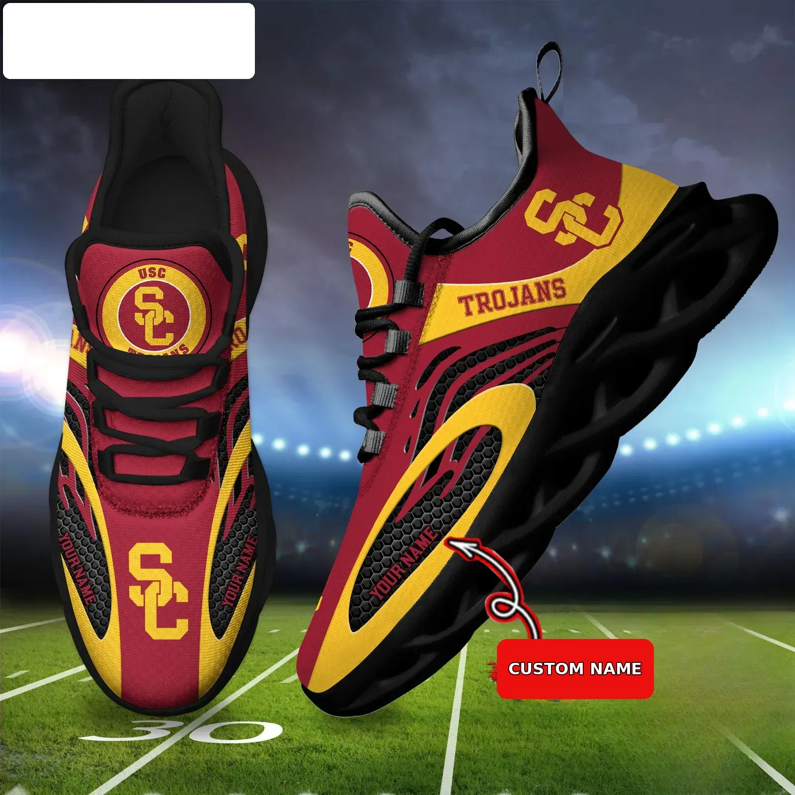 NCAA USC Trojans Personalized Max Soul Shoes, Custom Name College Football Sneakers, Cardinal and Gold Game Day Gift for Fans