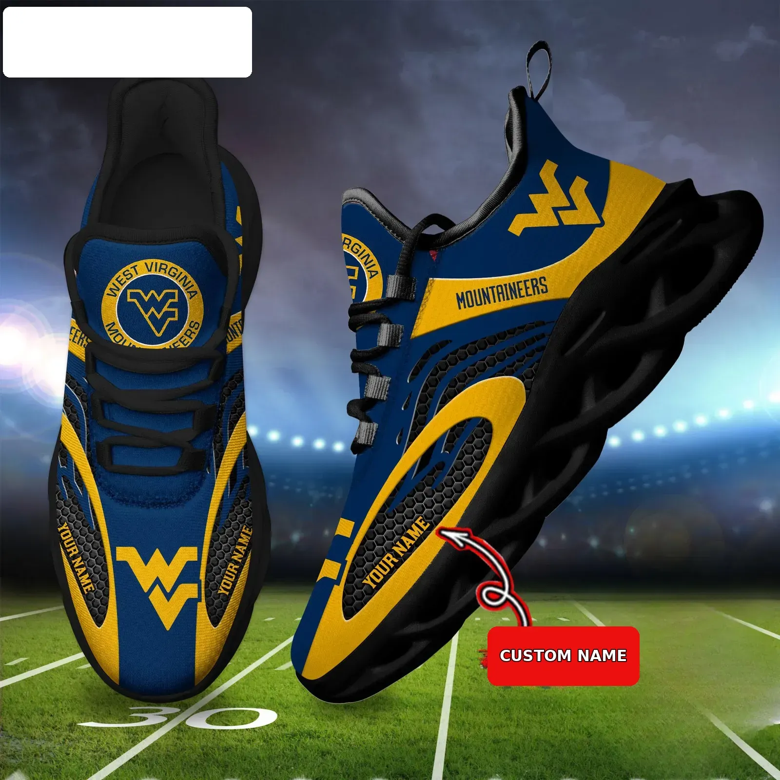 NCAA West Virginia Mountaineers Sport Team Custom Name Max Soul Shoes Sneaker, Personalized Navy and Gold Honeycomb College Football Fan Kicks